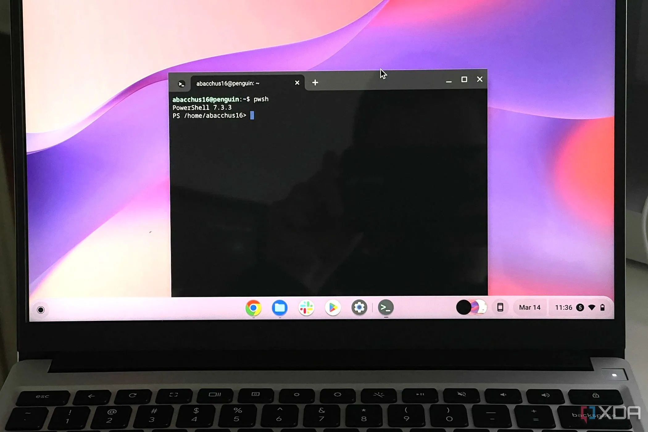 Giao diện PowerShell đang hoạt động trên hệ điều hành ChromeOS, minh họa khả năng tương thích đa nền tảng của PowerShell.