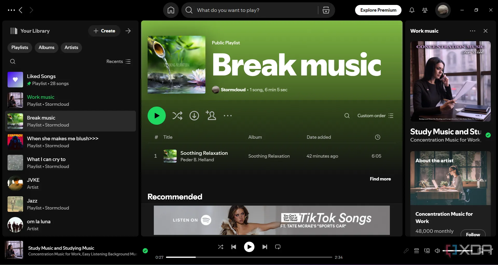 Giao diện Spotify hiển thị hai danh sách phát nhạc riêng biệt dành cho công việc và nghỉ ngơi, minh họa cách sử dụng âm nhạc để quản lý thời gian hiệu quả.