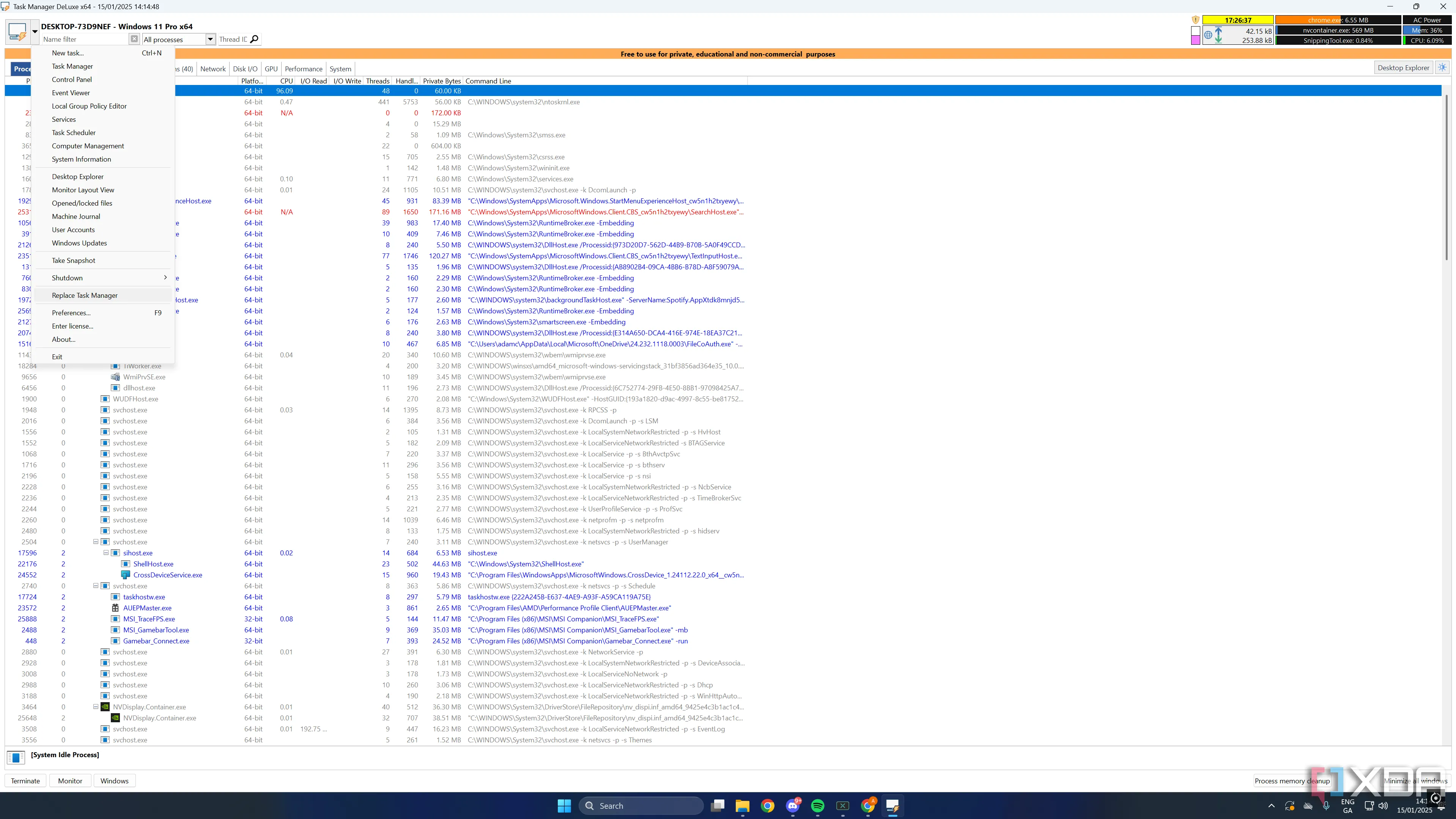 Giao diện Task Manager Deluxe với tùy chọn "Replace Task Manager" để thay thế quản lý tác vụ mặc định của Windows.