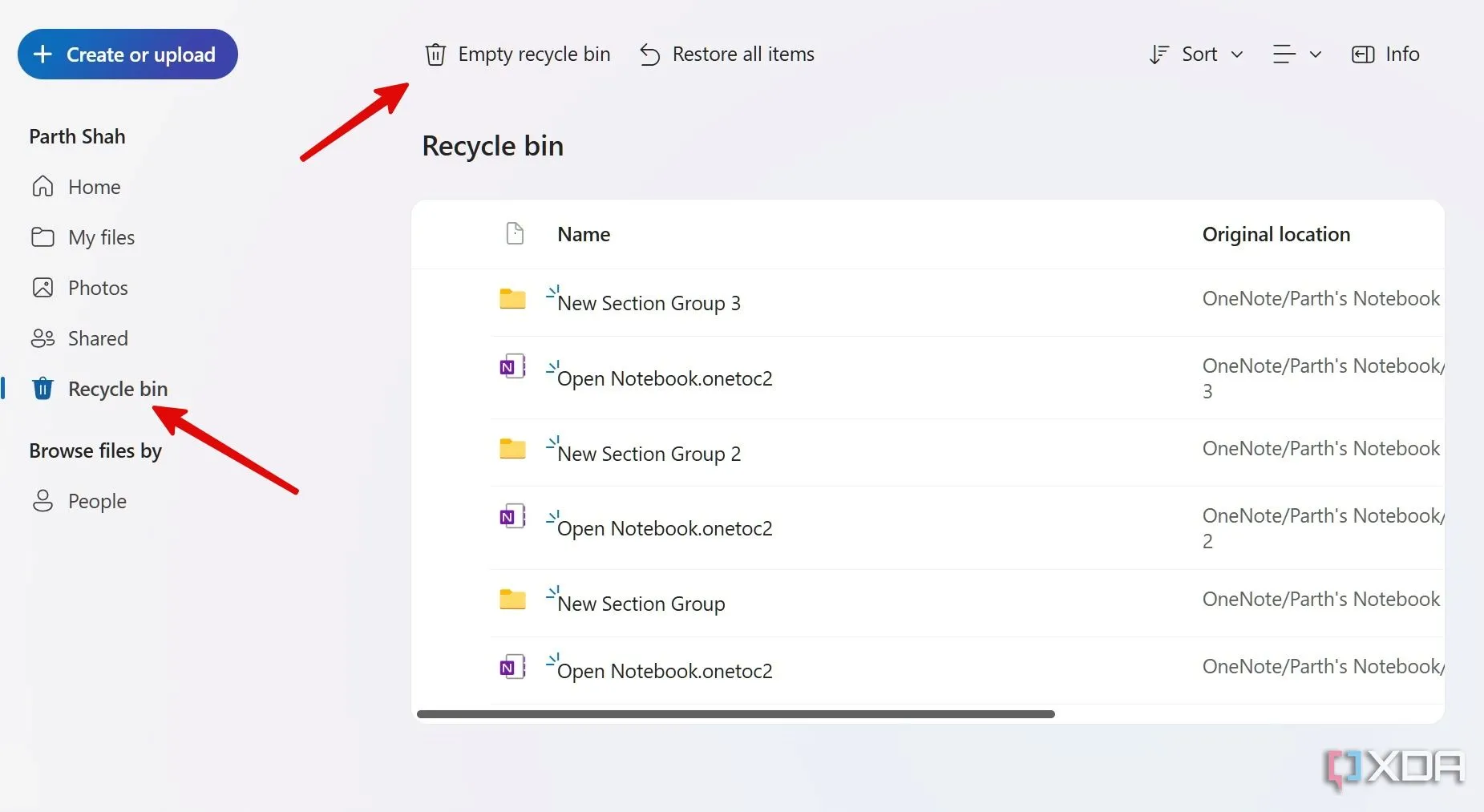 Giao diện Thùng rác của OneDrive trên web với tùy chọn 'Empty recycle bin' được đánh dấu