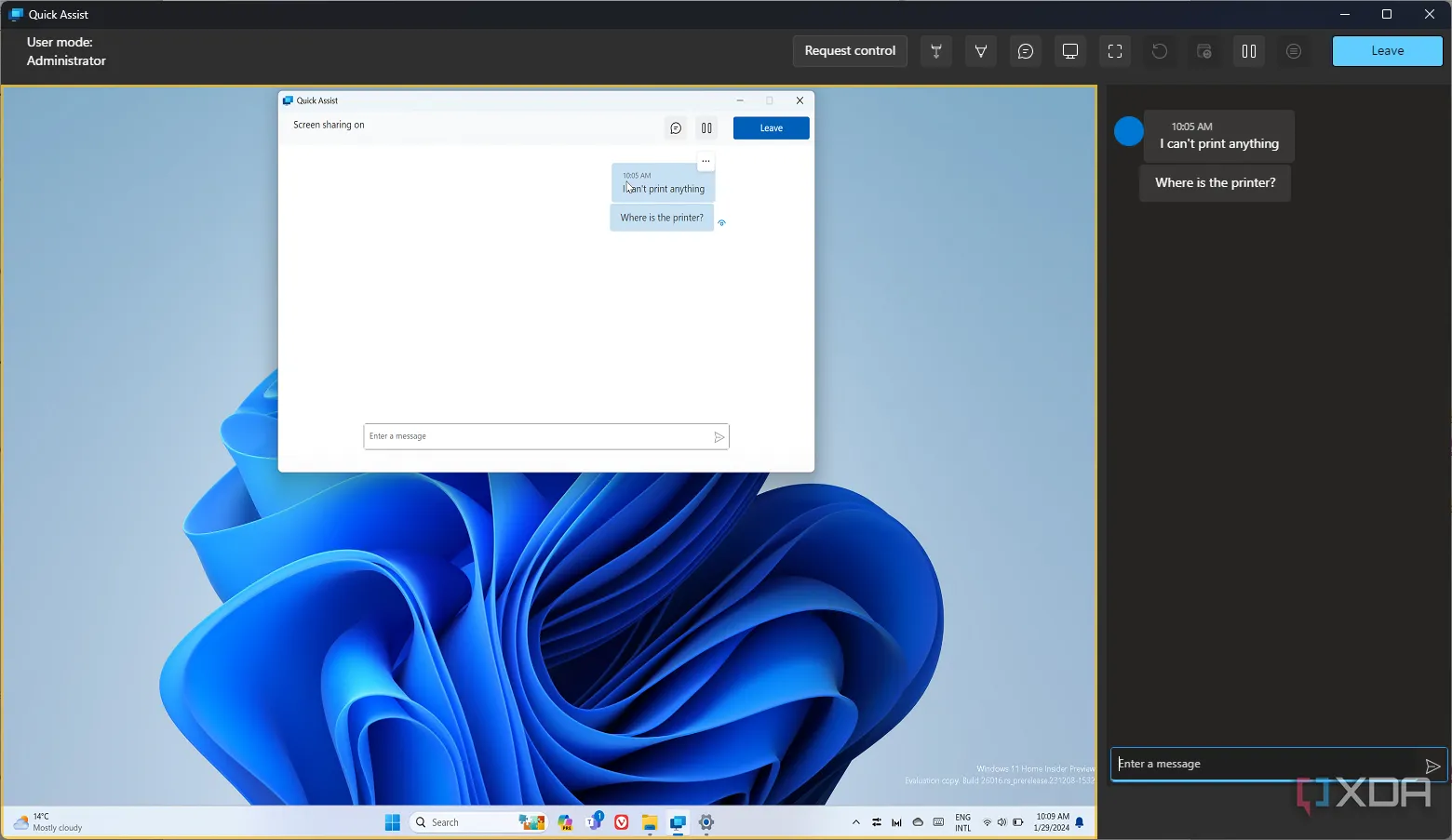 Giao diện tính năng Quick Assist trên Windows, hiển thị cuộc trò chuyện và màn hình hỗ trợ từ xa giữa hai người dùng.