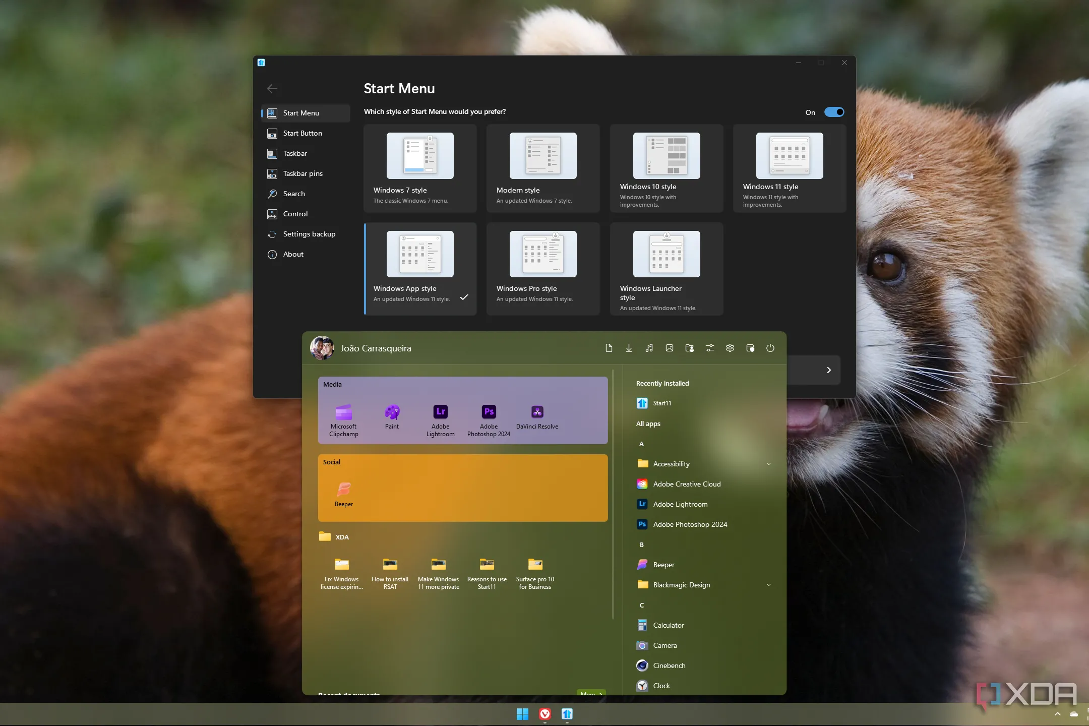 Giao diện tùy biến menu Start của Start11 trên nền desktop Windows 11.