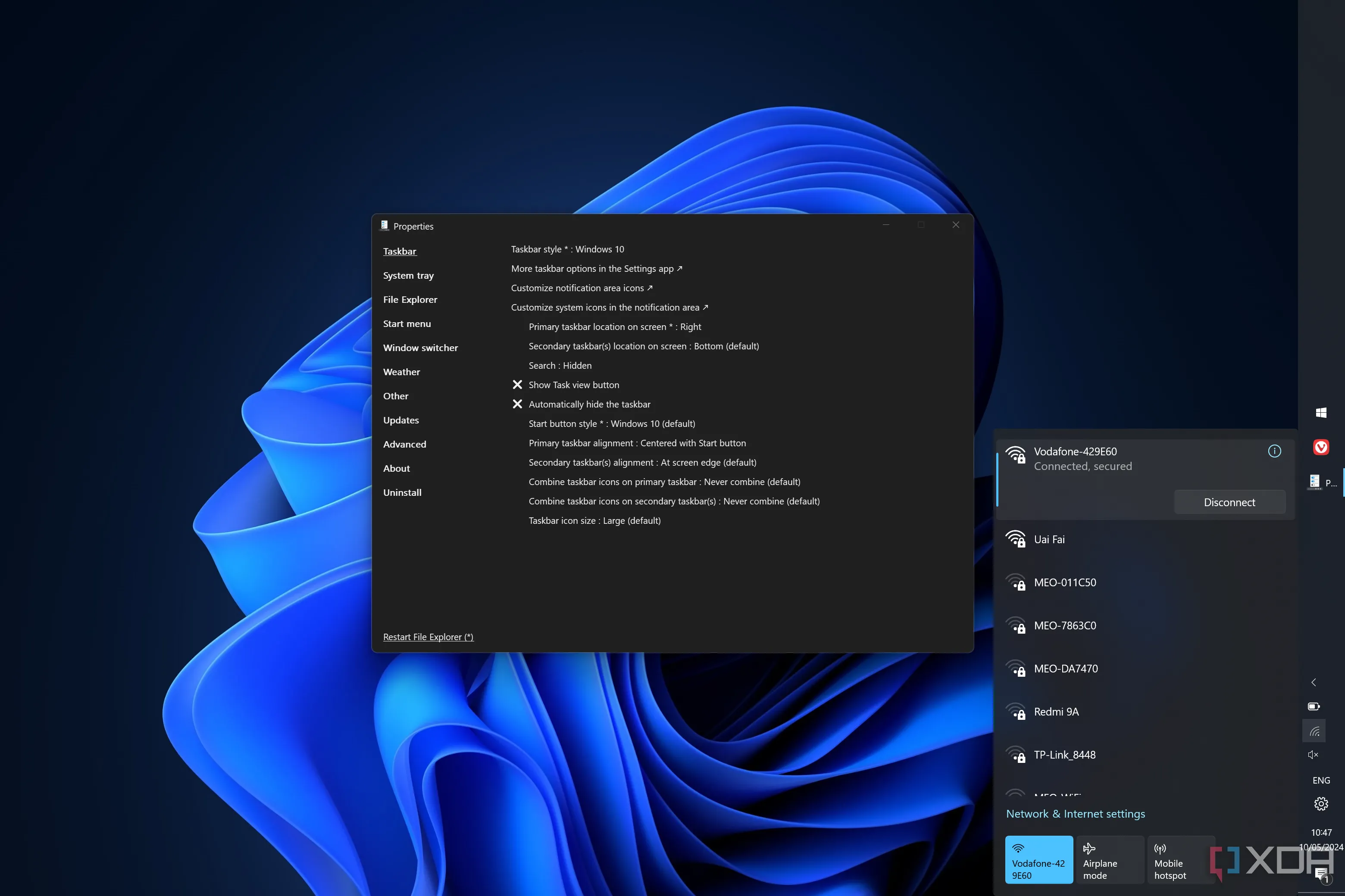 Giao diện tùy chỉnh của ExplorerPatcher, cho phép người dùng khôi phục thanh Taskbar cổ điển của Windows 10 trên Windows 11.
