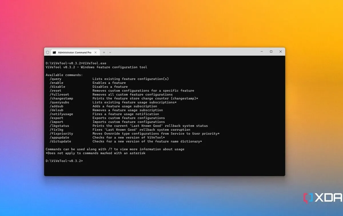 Giao diện ứng dụng ViVeTool, công cụ hữu ích để kích hoạt các tính năng Windows 11 mới.
