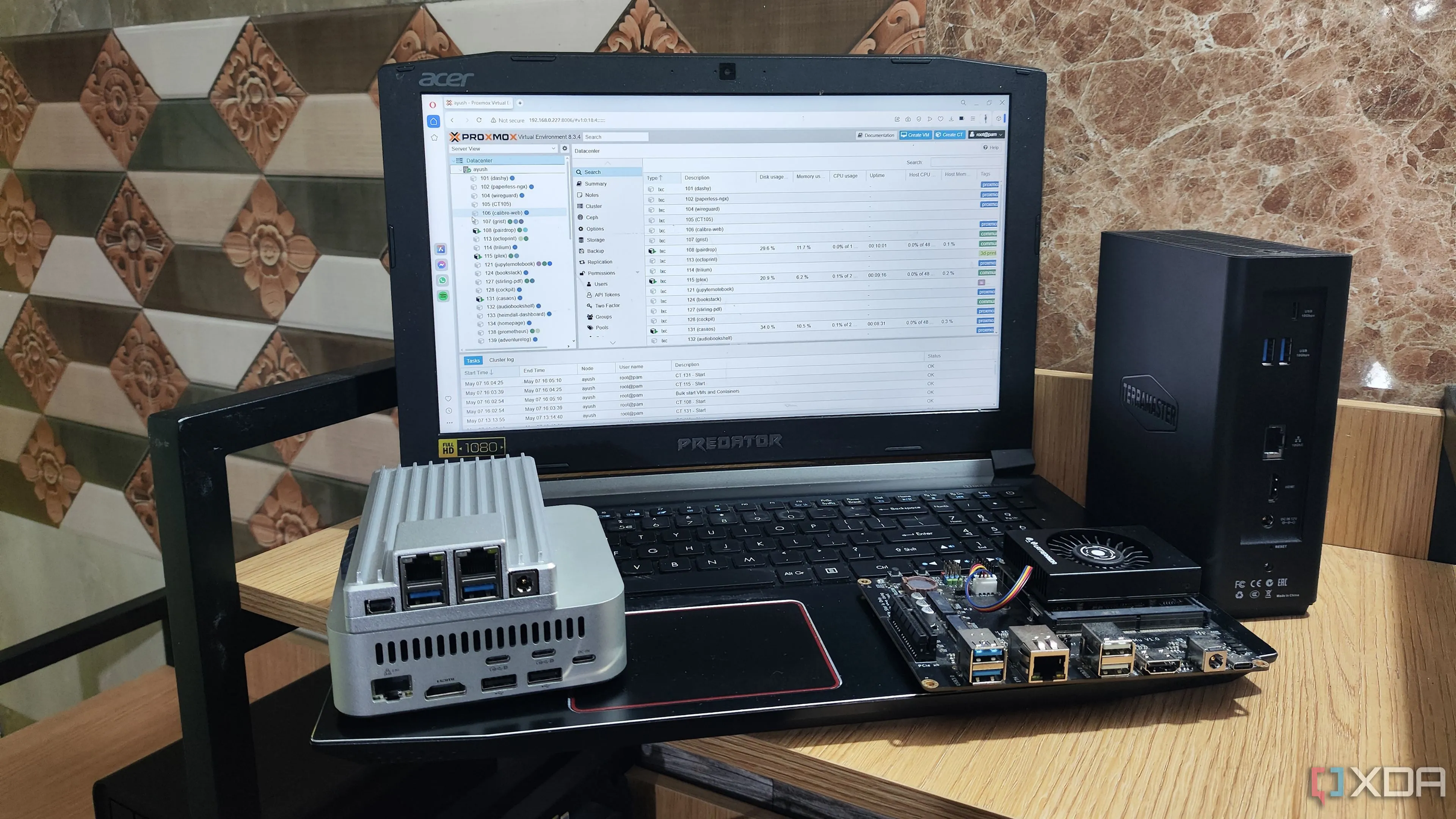 Giao diện web Proxmox VE trên máy tính xách tay trong môi trường Home Lab
