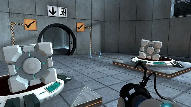 Hai khối lập phương đặt trên công tắc áp lực để mở cửa trong game giải đố Portal