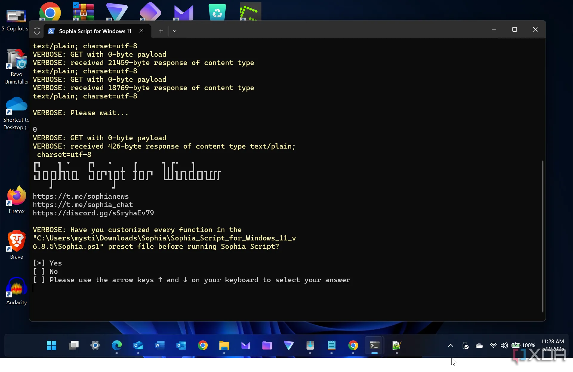 Hình ảnh Sophia Script đang chạy trong Windows Terminal với các tùy chọn tinh chỉnh