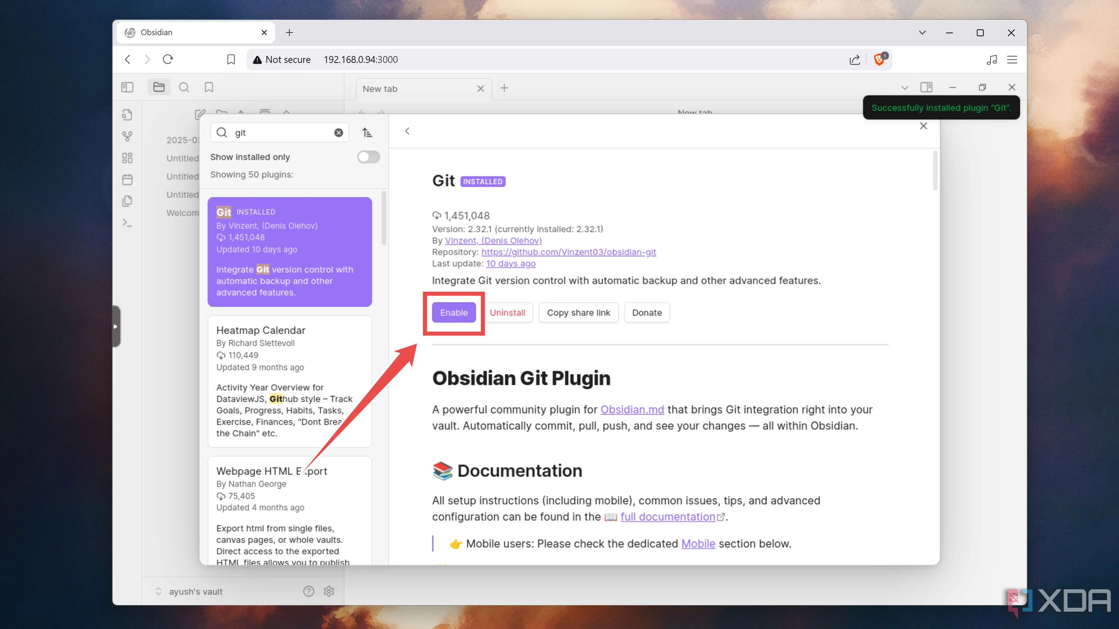 Kích hoạt thành công plugin Git trong Obsidian