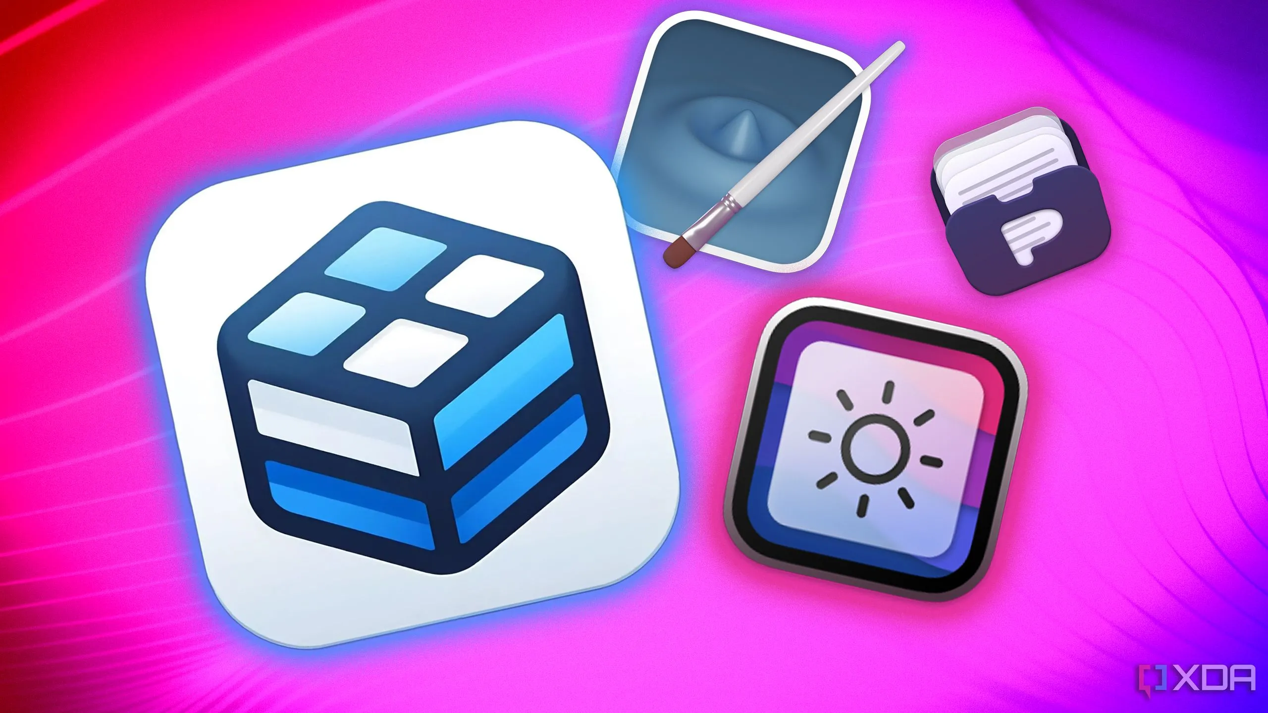 Logo các ứng dụng macOS BentoBox, Diffraction và Pasty trên nền màu sắc