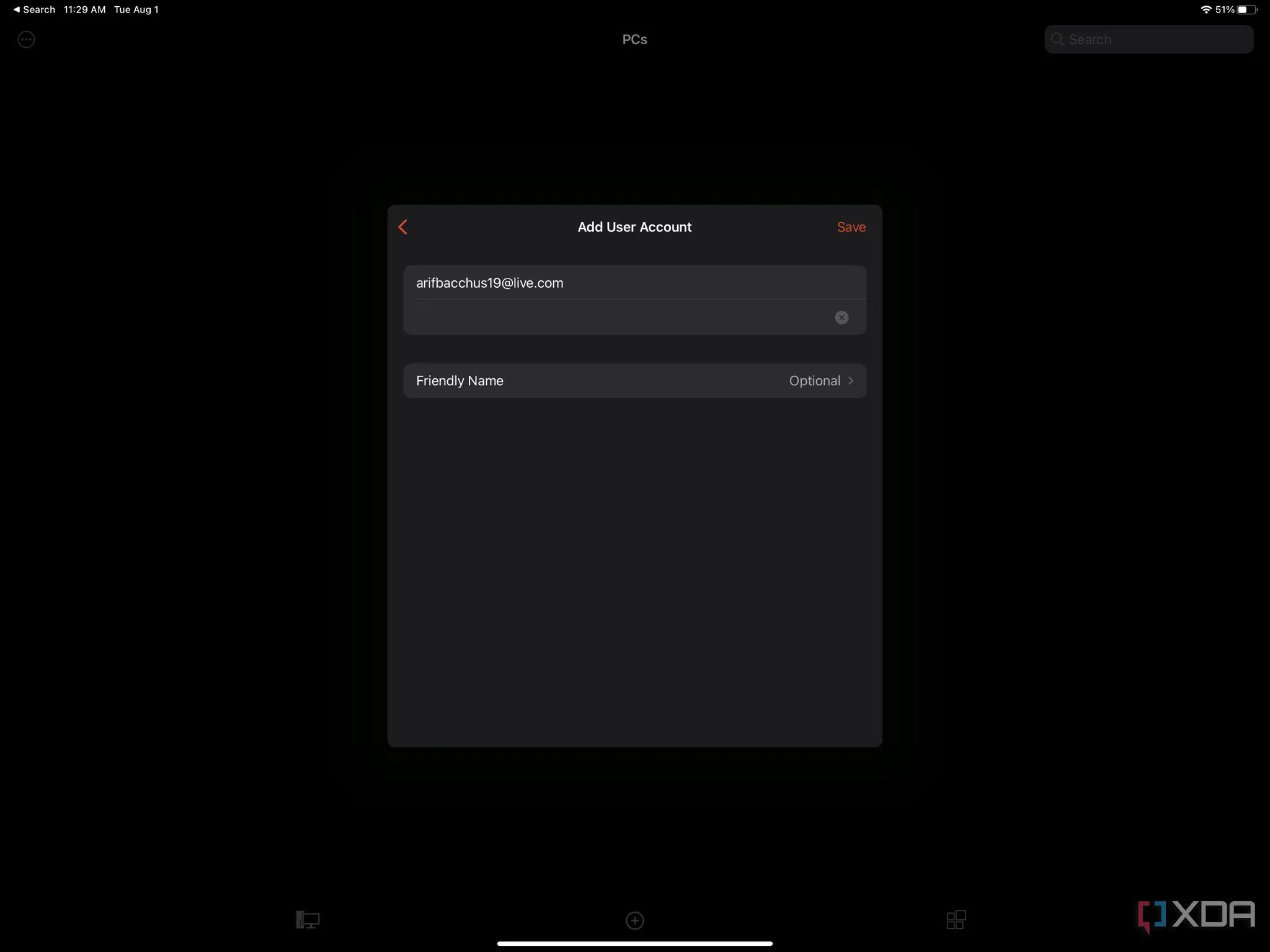 Màn hình cấu hình kết nối Remote Desktop, cho phép đặt tên thân thiện cho PC trên iPad