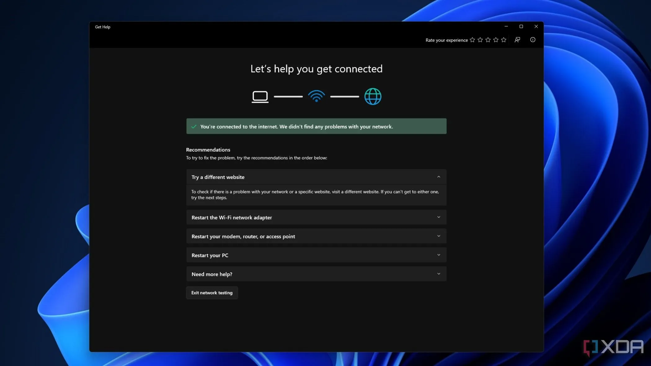 Màn hình công cụ Chẩn đoán mạng và Internet trong Cài đặt Windows, hiển thị các khuyến nghị khắc phục sự cố kết nối.