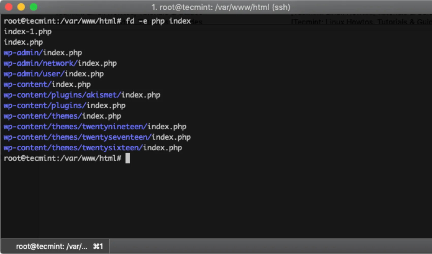 Màn hình hiển thị lệnh fd tìm kiếm chuỗi trong các tập tin trên hệ điều hành Linux