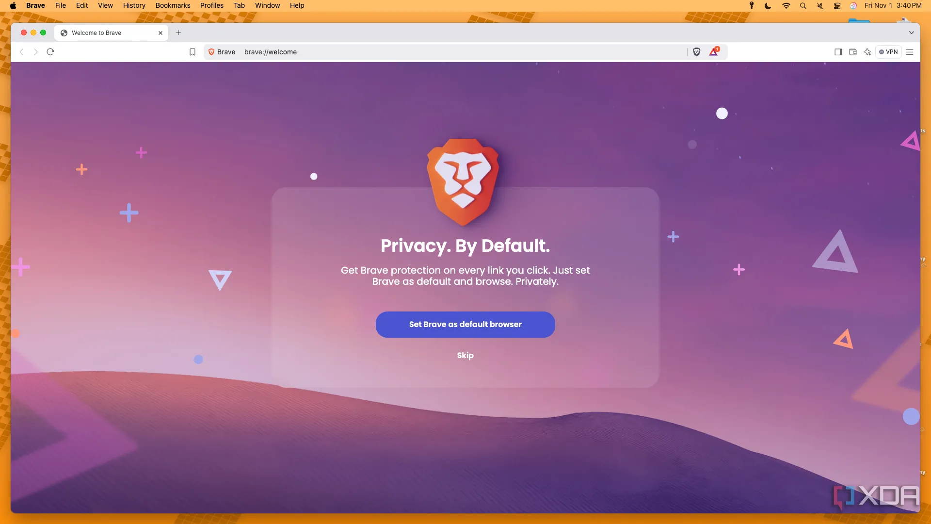 Màn hình khởi động trình duyệt Brave trên macOS, nổi bật với tính năng chặn quảng cáo và bảo vệ theo dõi