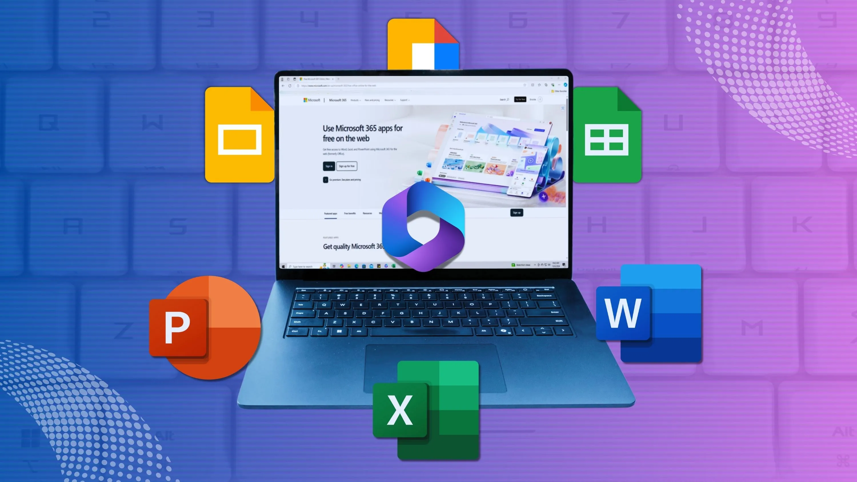 Màn hình laptop hiển thị trang chủ Microsoft 365 với các biểu tượng ứng dụng văn phòng, biểu trưng cho khả năng tích hợp liền mạch của PowerShell với các dịch vụ đám mây của Microsoft.