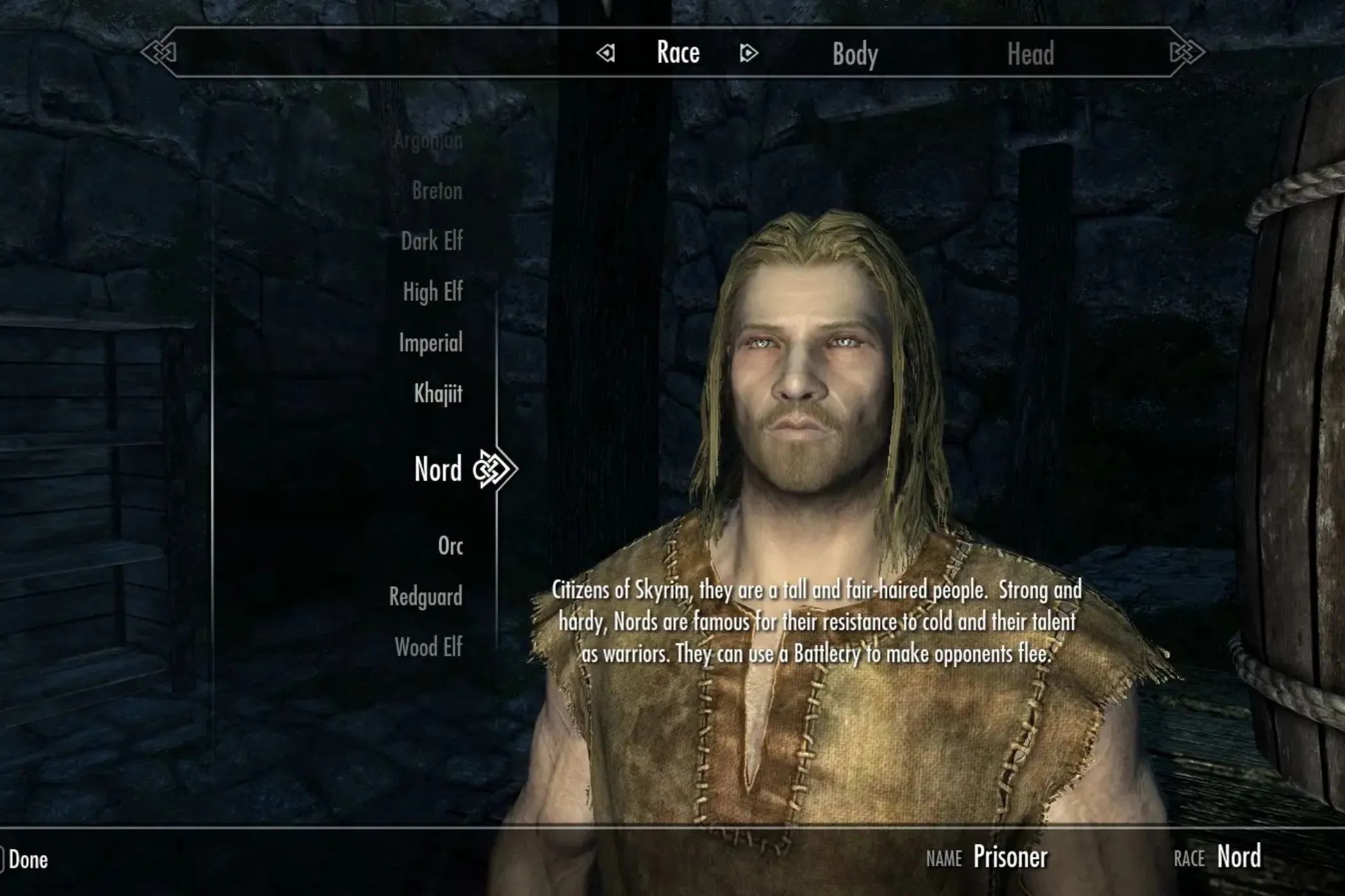 Màn hình tạo nhân vật của mod Alternate Start trong Skyrim, cho phép lựa chọn khởi đầu mới.