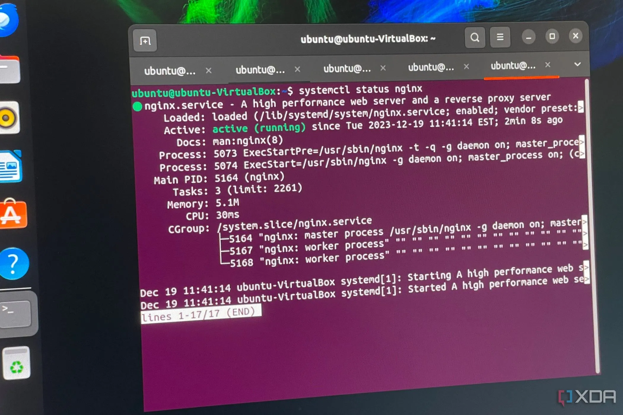 Màn hình terminal hiển thị tiến trình Nginx đang chạy trên hệ điều hành Ubuntu