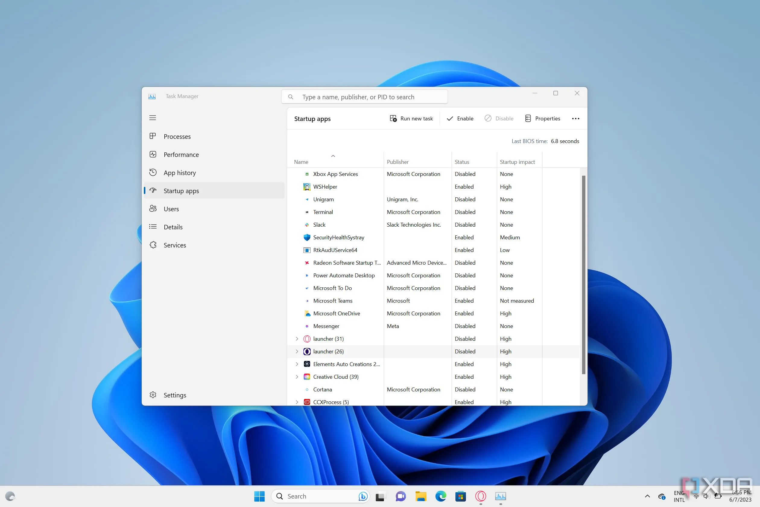 Màn hình Trình quản lý tác vụ Windows 11 hiển thị các ứng dụng khởi động