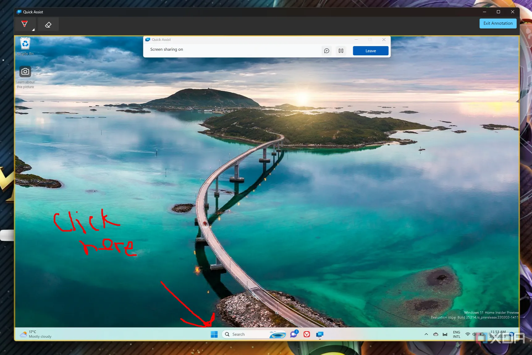 Màn hình ứng dụng Quick Assist trong Windows 11 với các công cụ chú thích được sử dụng để hướng dẫn người dùng.