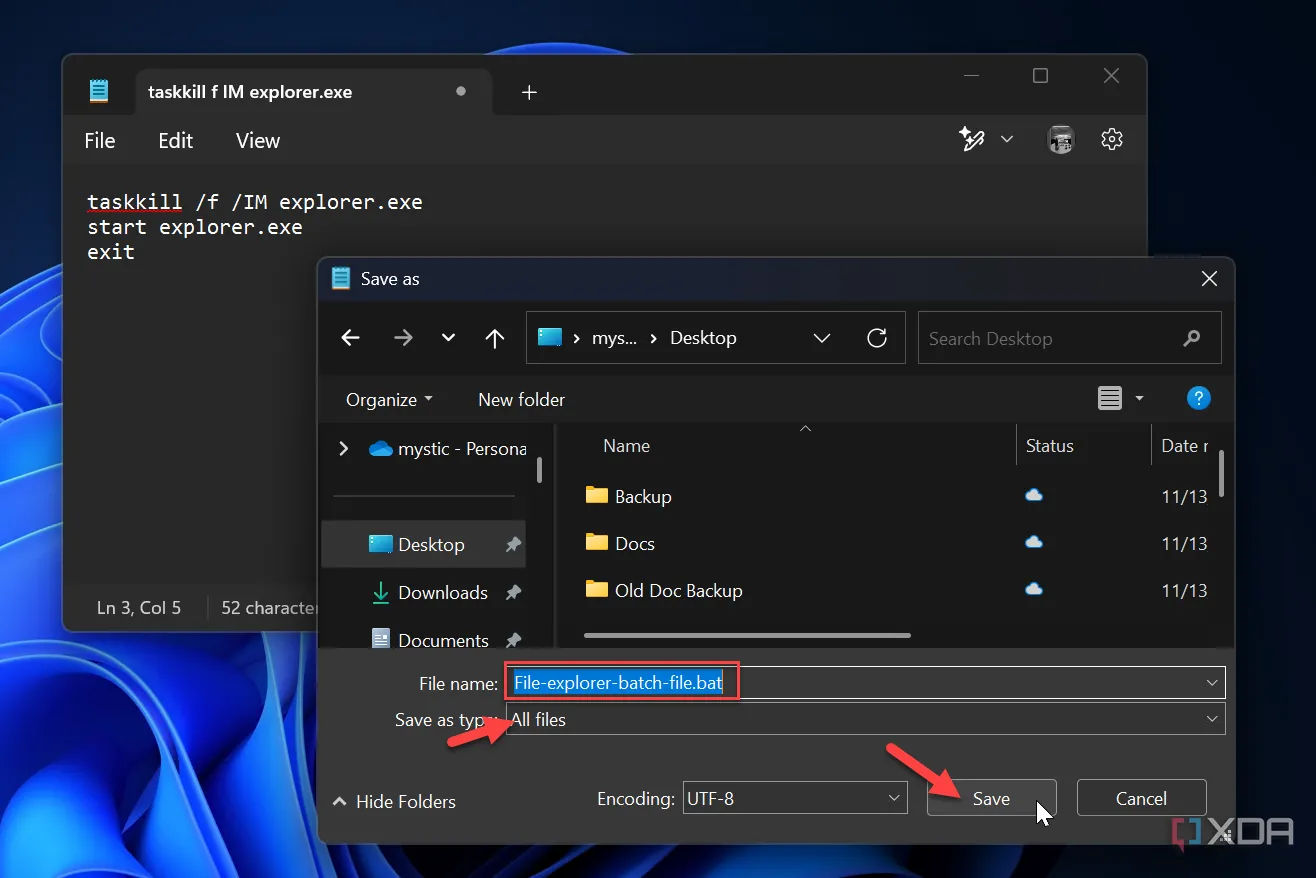 Minh họa quá trình lưu tệp tin batch (.bat) để tự động khởi động lại File Explorer