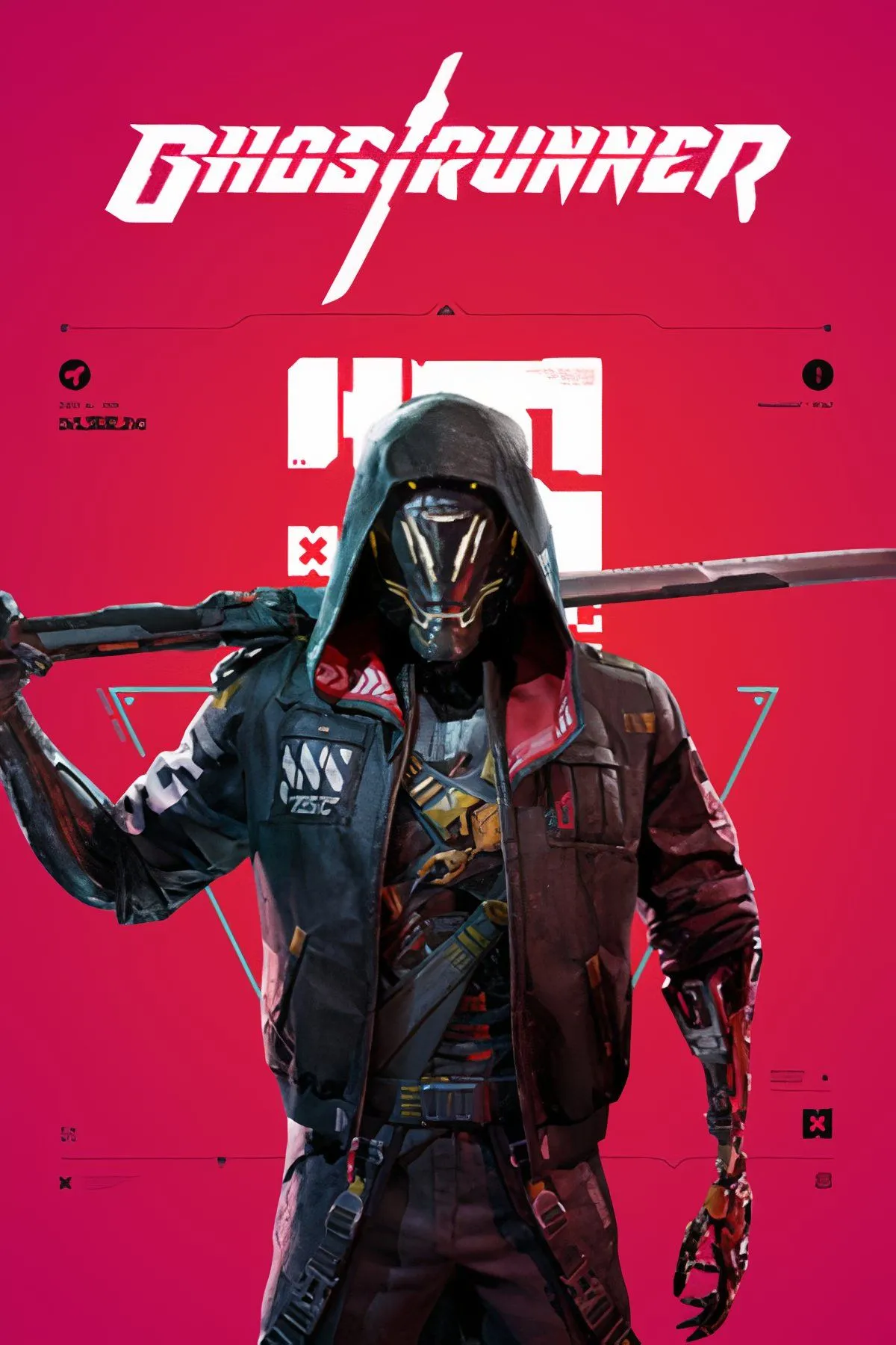 Nhân vật chính của Ghostrunner với thanh kiếm phát sáng trong một khung cảnh cyberpunk ấn tượng