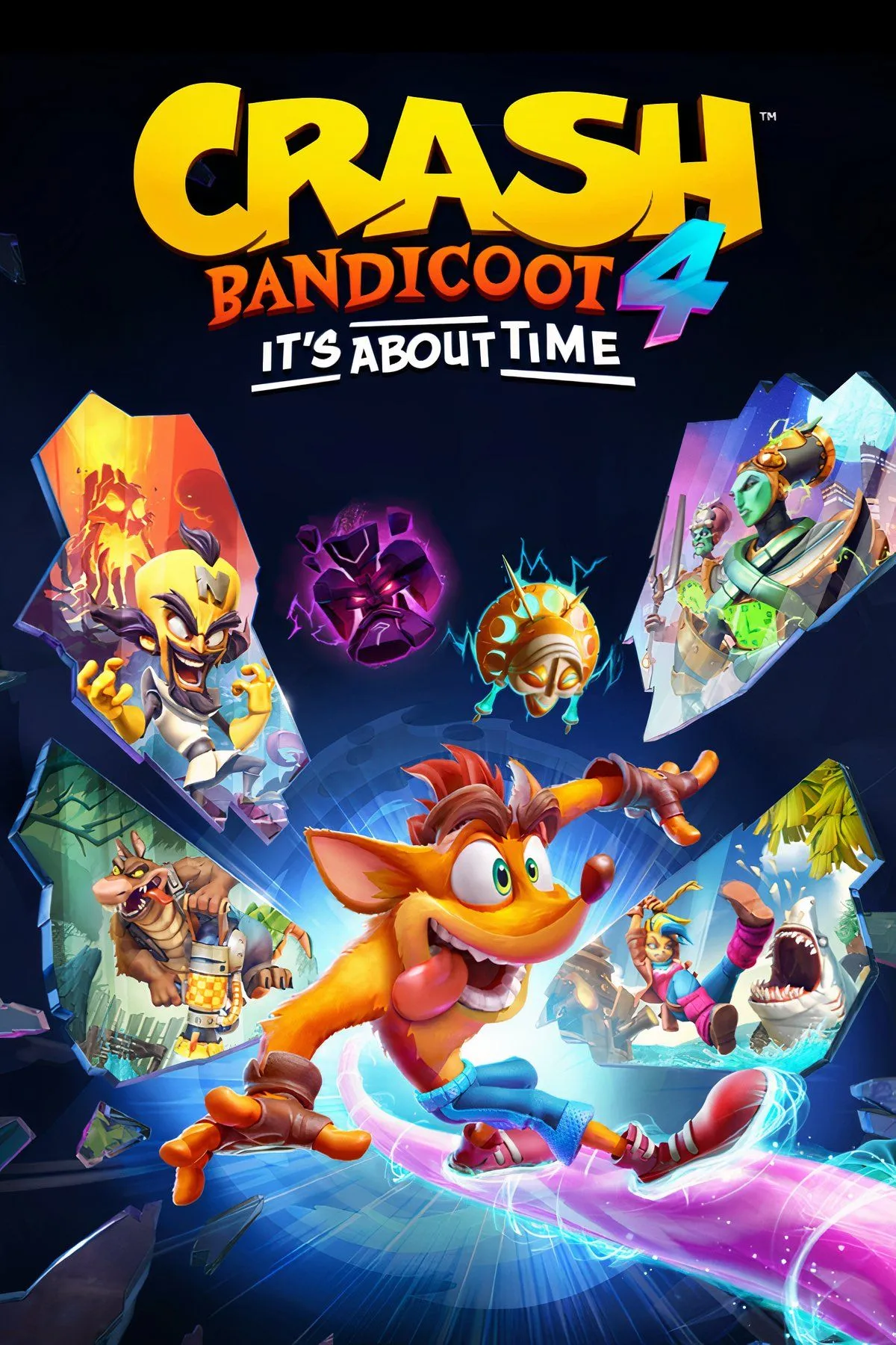 Nhân vật Crash Bandicoot trong trang phục đặc trưng đang thực hiện một cú nhảy trong màn chơi đầy màu sắc