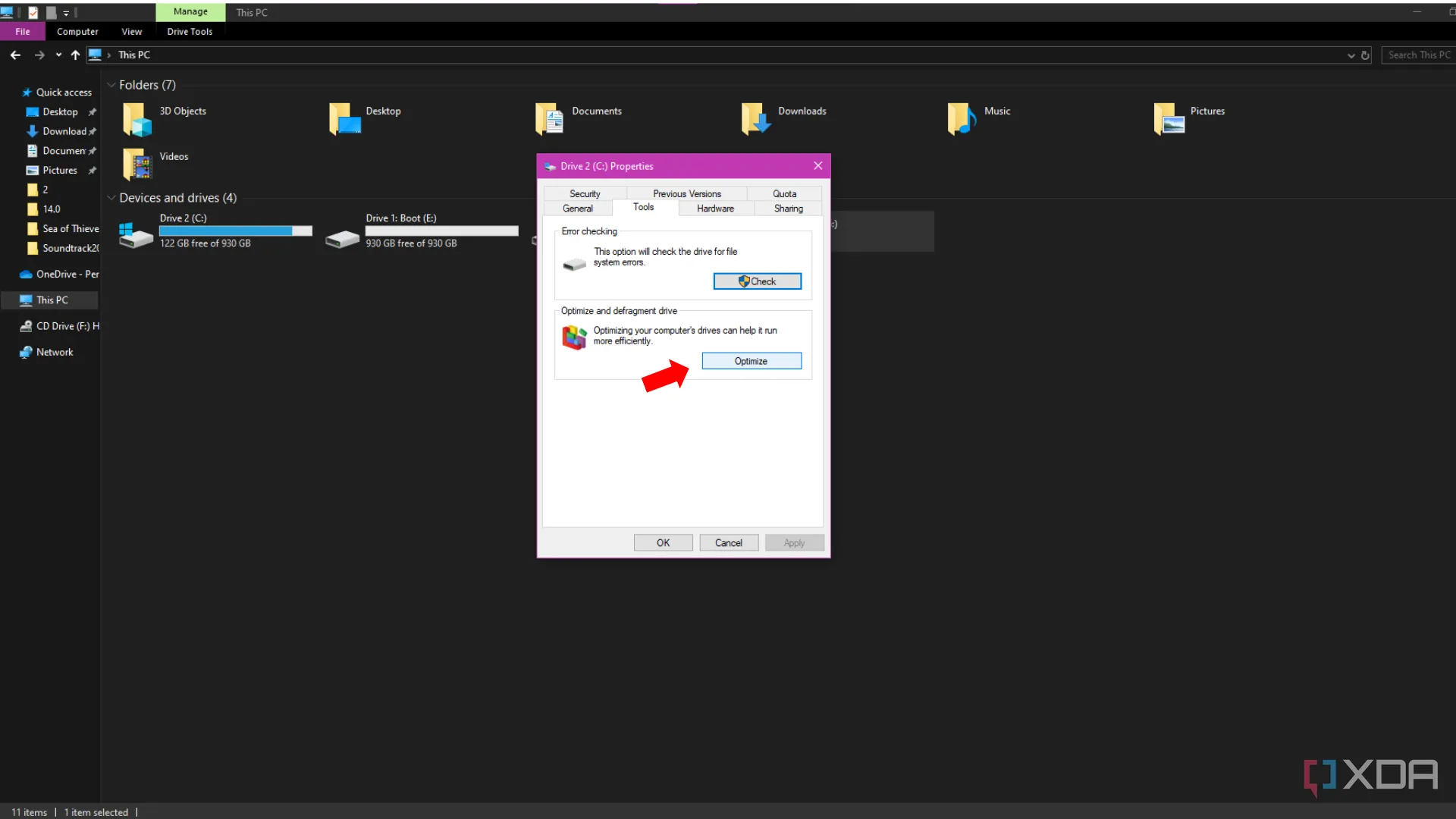 Nút &quot;Tối ưu&quot; trong menu thuộc tính ổ đĩa của Windows, minh họa tính năng chống phân mảnh tự động