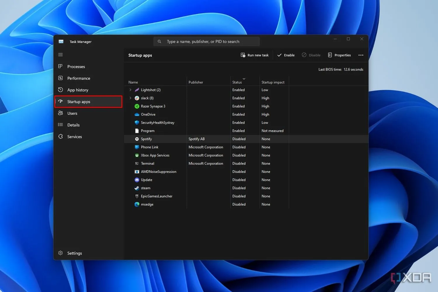 Phần Ứng dụng khởi động trong Task Manager Windows 11