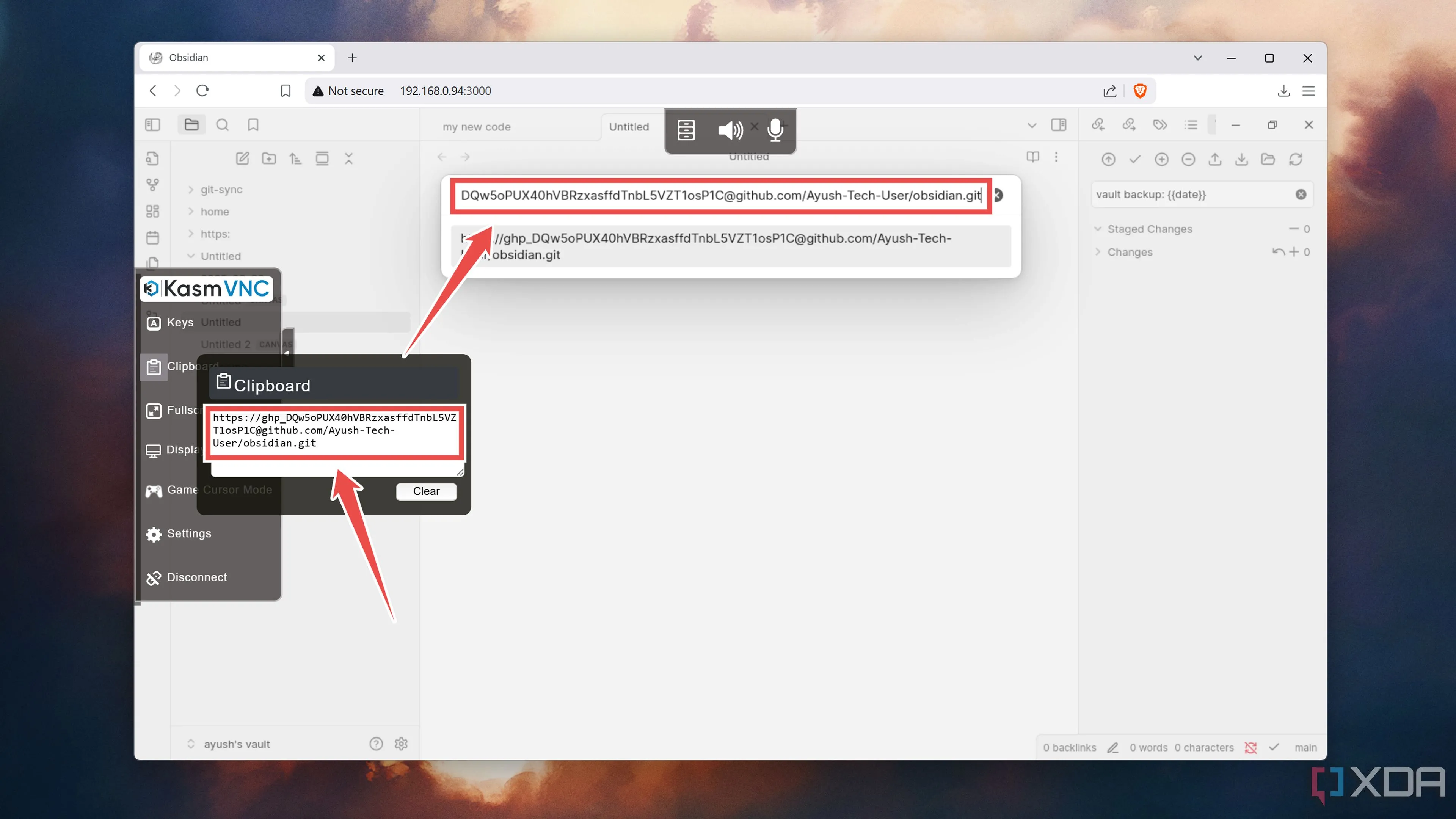 Sao chép khóa truy cập GitHub vào Obsidian để đồng bộ ghi chú