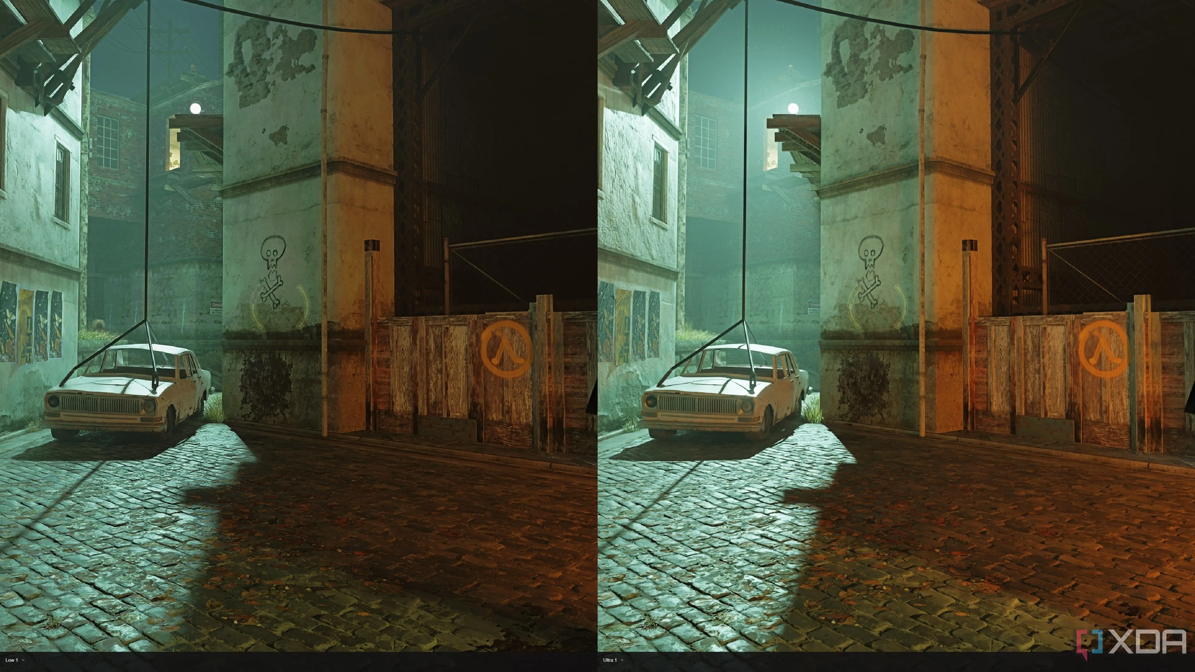 So sánh chất lượng ánh sáng dò tia (ray-traced lighting) giữa cài đặt Ultra và Low trong Half-Life 2 RTX, làm nổi bật sự khác biệt về volumetrics