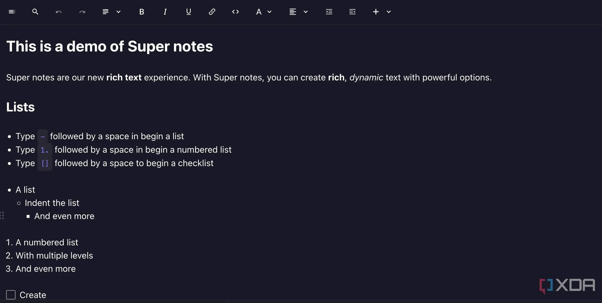 Standard Notes hiển thị nội dung được định dạng bằng Markdown