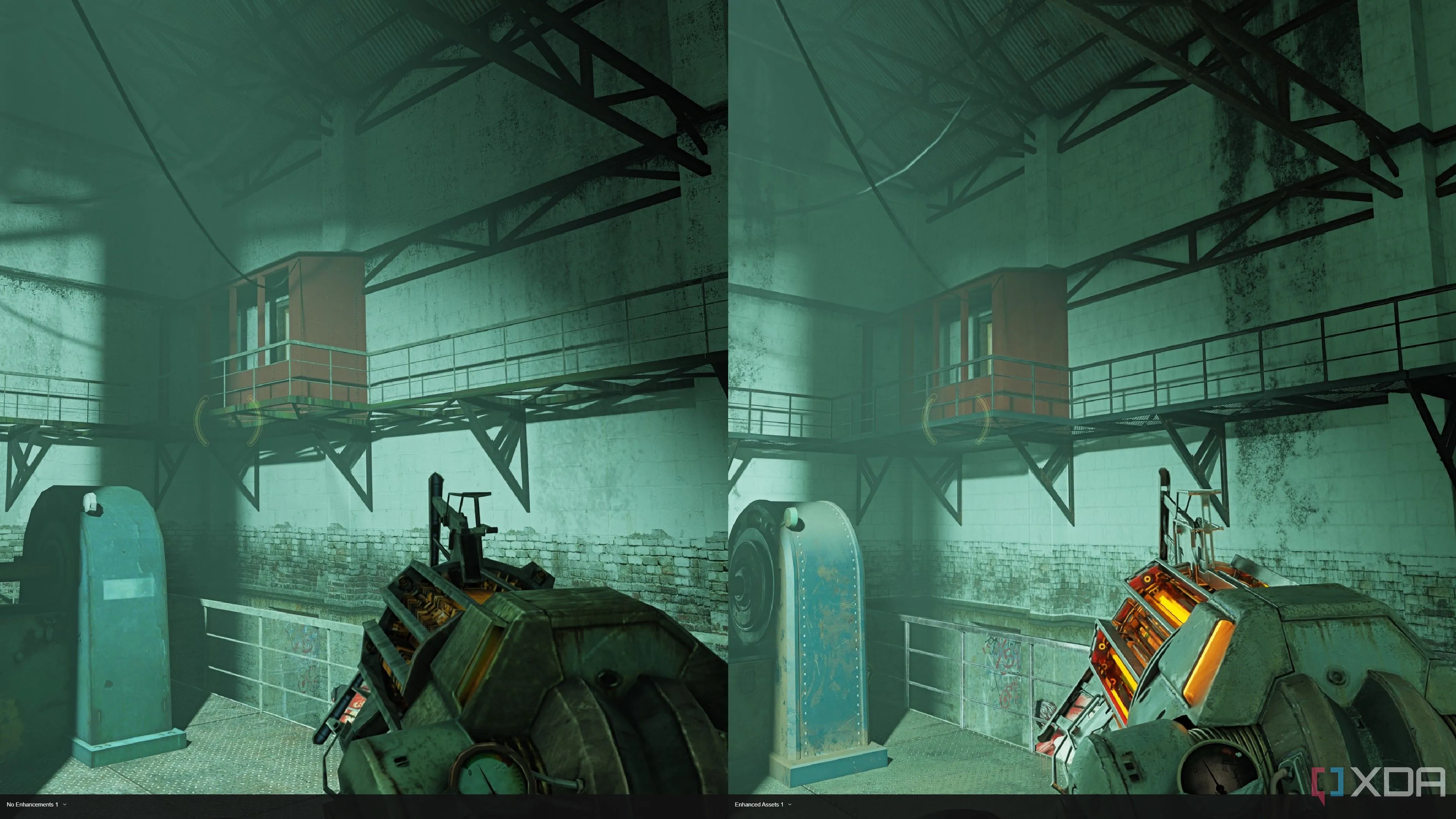 Sự khác biệt rõ rệt về chất lượng Gravity Gun và chi tiết môi trường như sàn lưới trong Half-Life 2 RTX so với bản game gốc