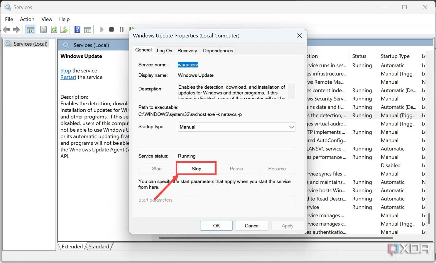 Tạm dừng dịch vụ Windows Update từ cửa sổ Properties