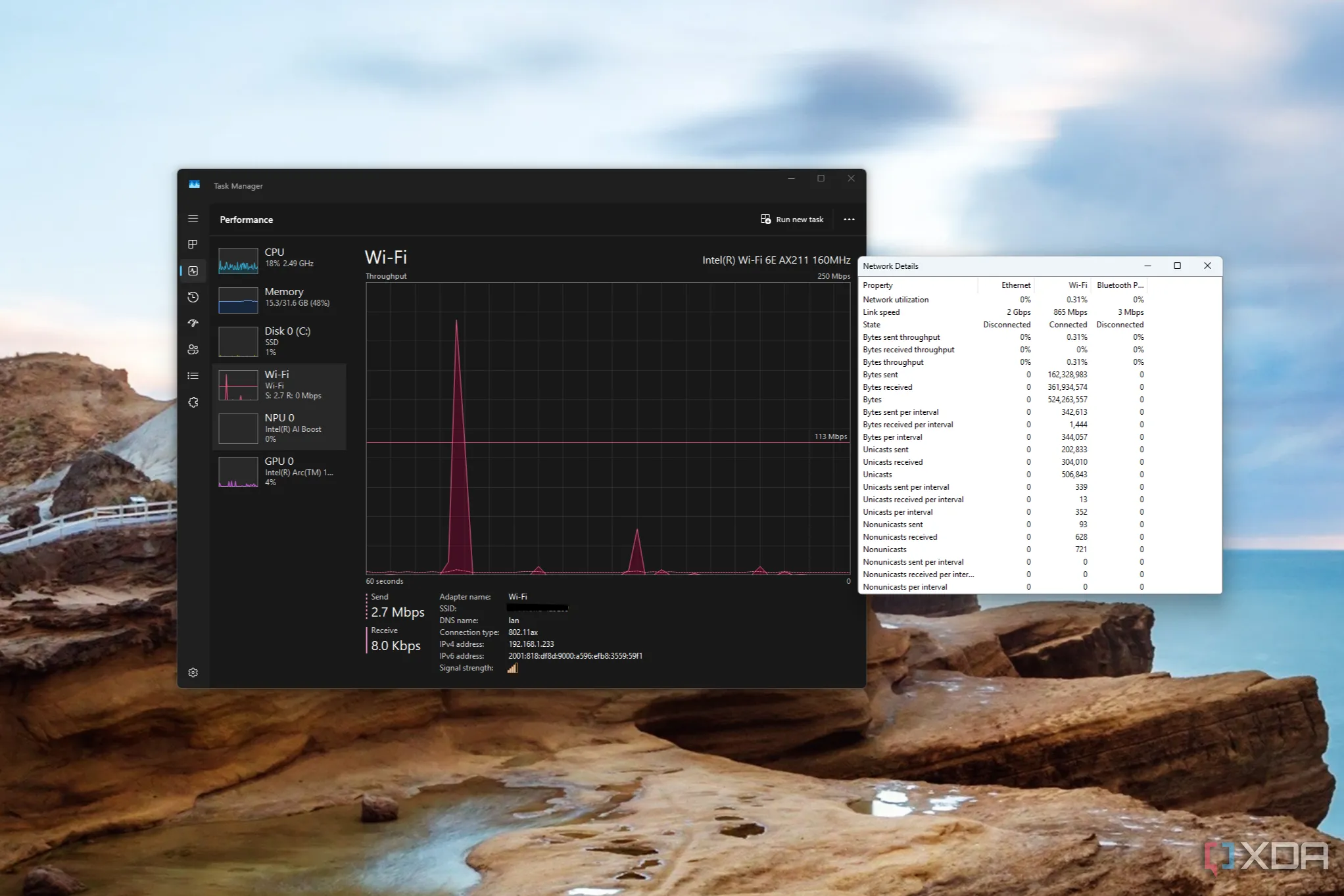 Task Manager hiển thị biểu đồ mạng và cửa sổ chi tiết mạng