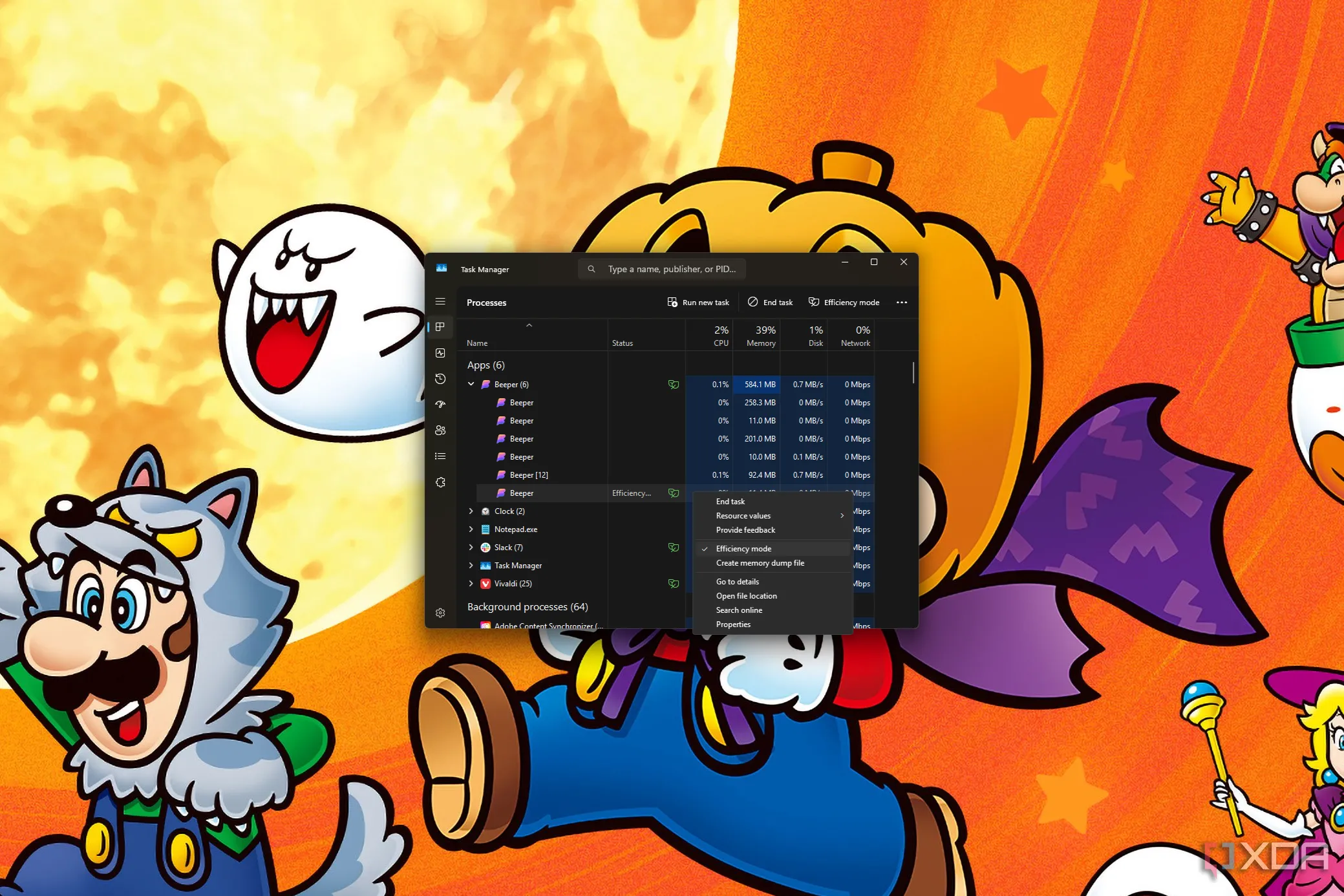 Task Manager Windows 11 đang hiển thị một ứng dụng chạy ở chế độ hiệu quả