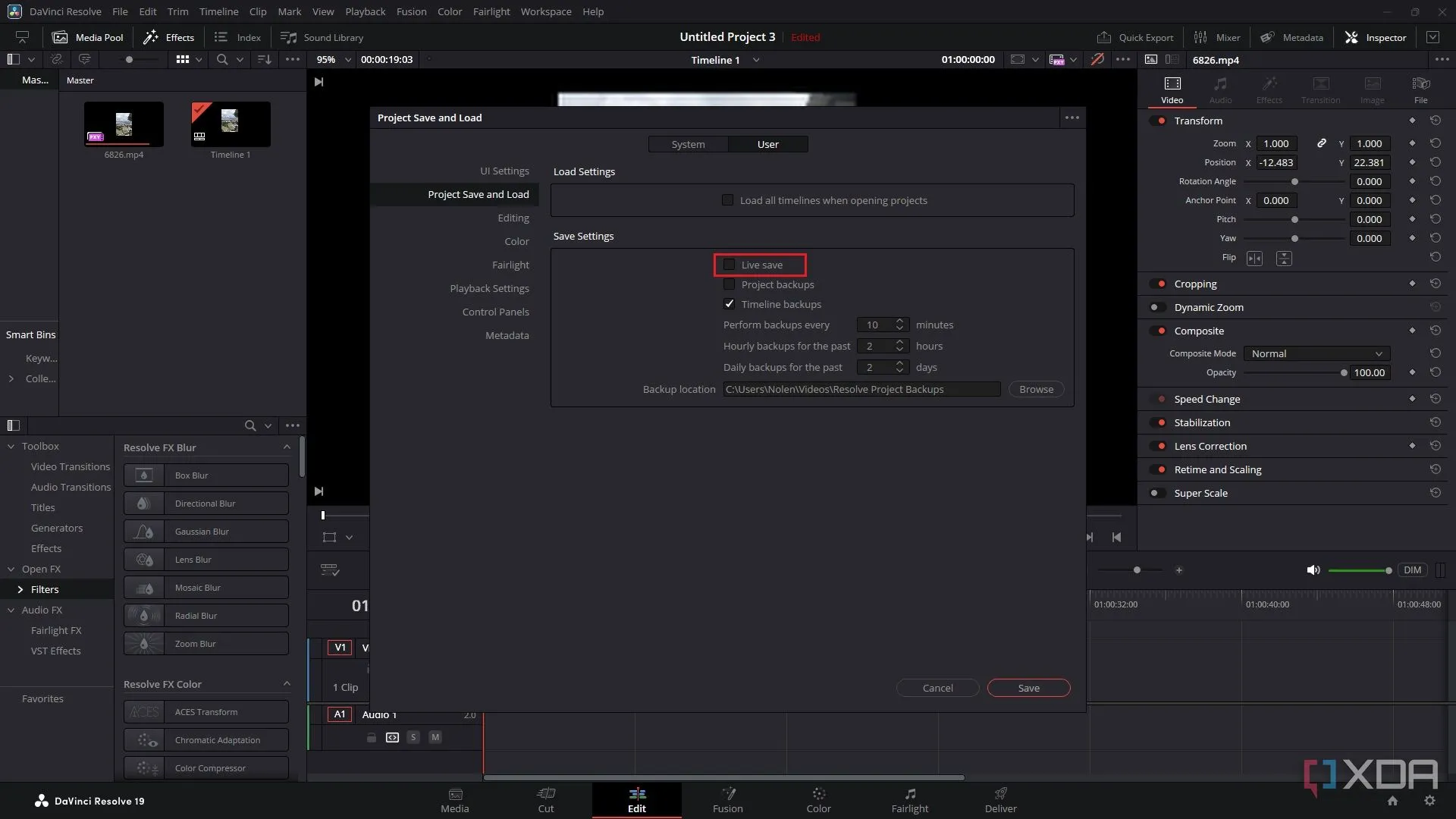 Tắt tính năng Live Save trong DaVinci Resolve để cải thiện hiệu suất