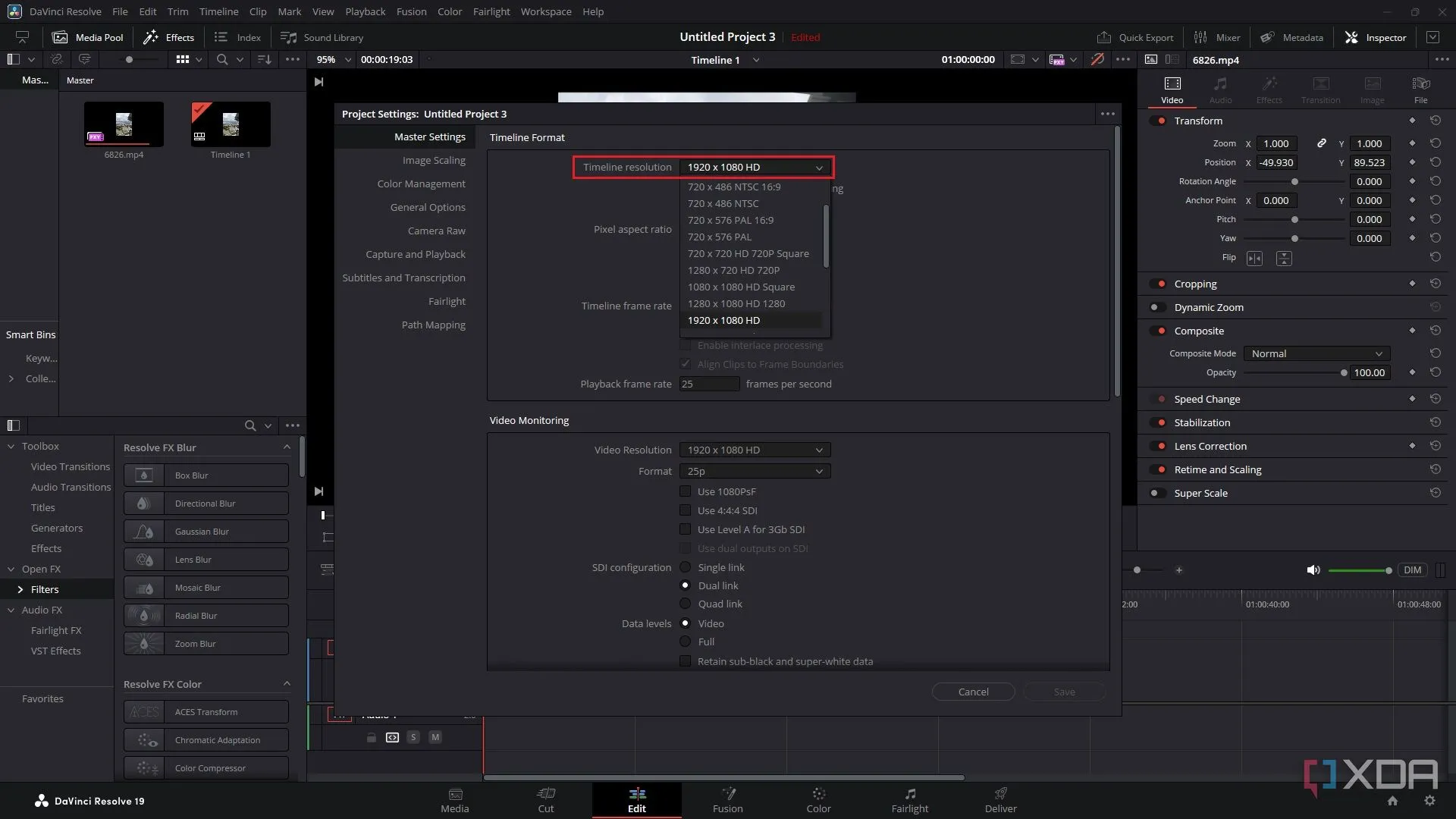 Thay đổi độ phân giải Timeline trong DaVinci Resolve