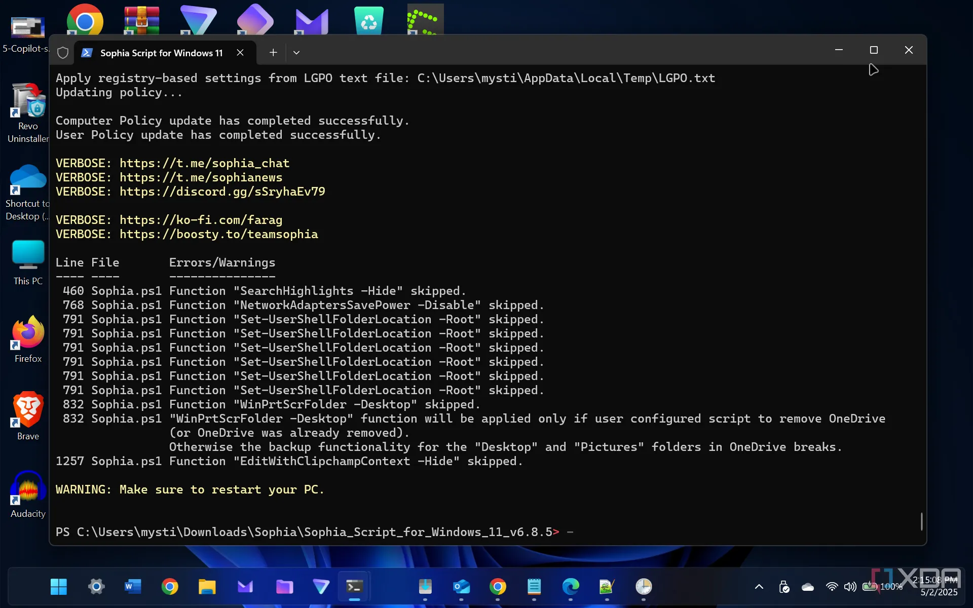 Thông báo yêu cầu khởi động lại Windows để các thay đổi của Sophia Script có hiệu lực