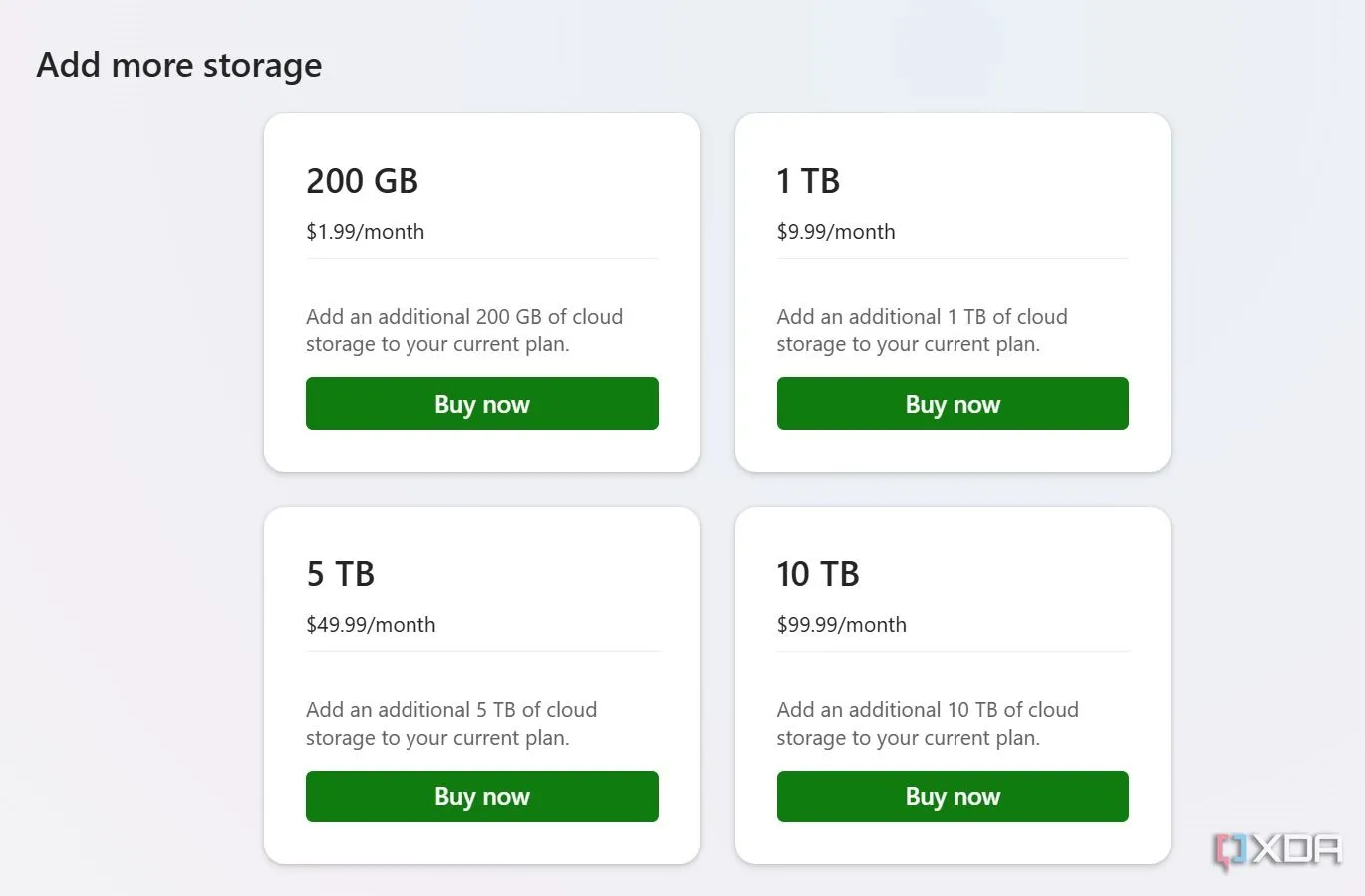 Trang web của OneDrive hiển thị các gói lưu trữ trả phí và lợi ích của từng gói