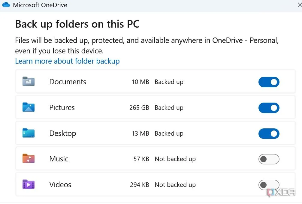 Tùy chọn 'Manage backup' trong cài đặt OneDrive, cho phép người dùng bật/tắt đồng bộ hóa các thư mục PC cục bộ
