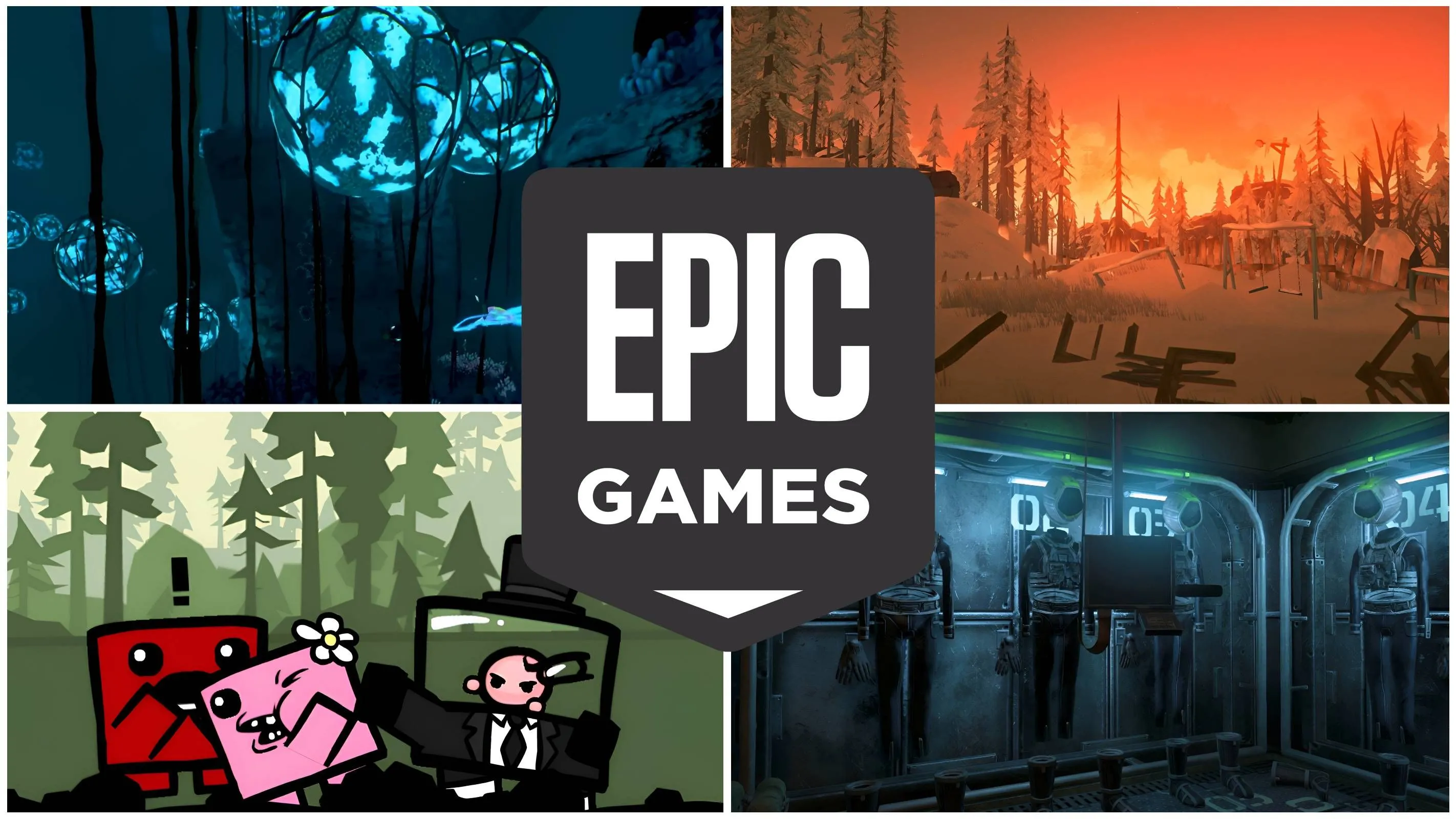 A collage of four free games on Epic Games, with the Epic Games logo in the center.
