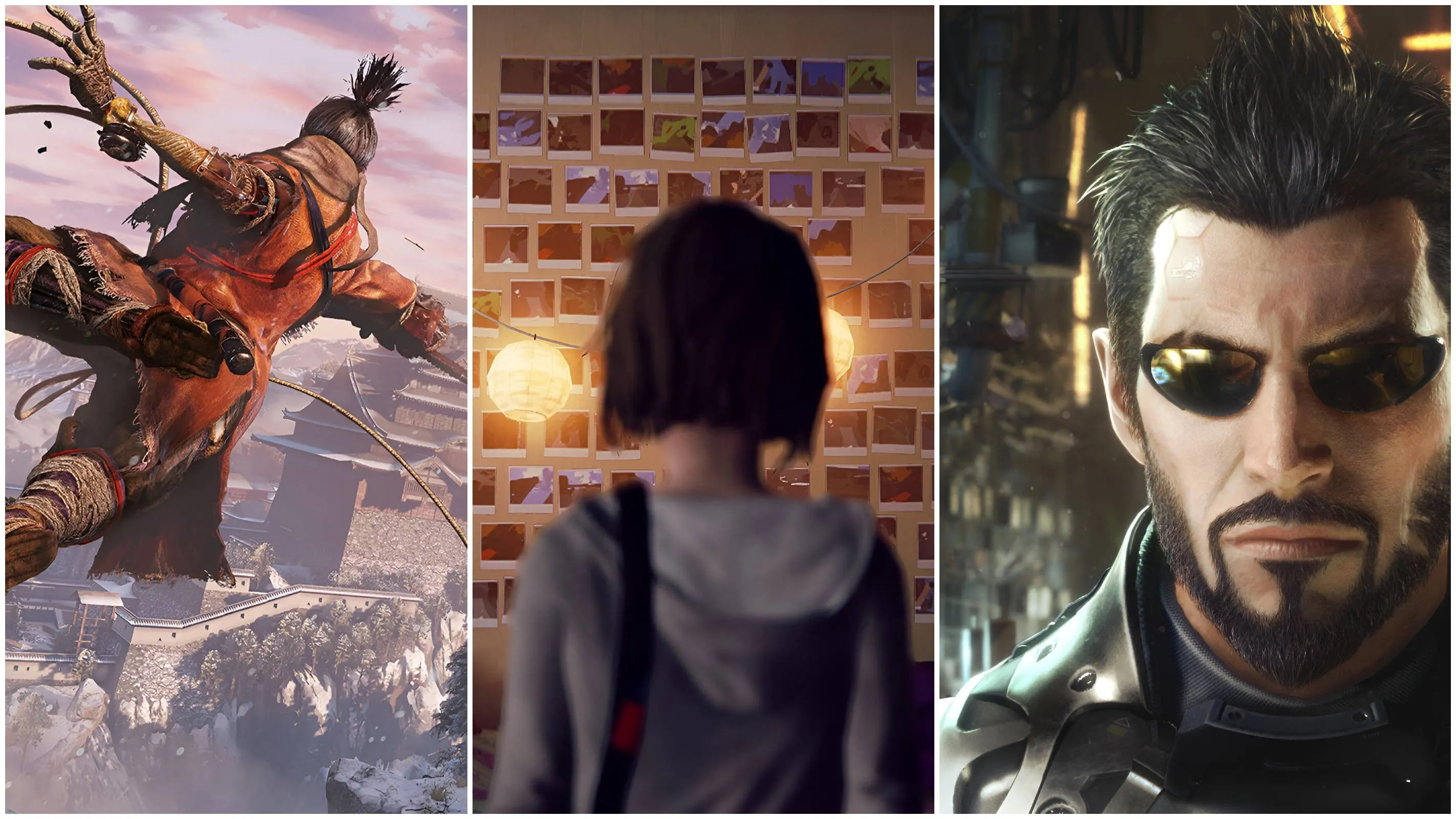 A collage of Wolf from Sekiro, Max from Life is Strange, and Adam Jensen from Deus Ex.