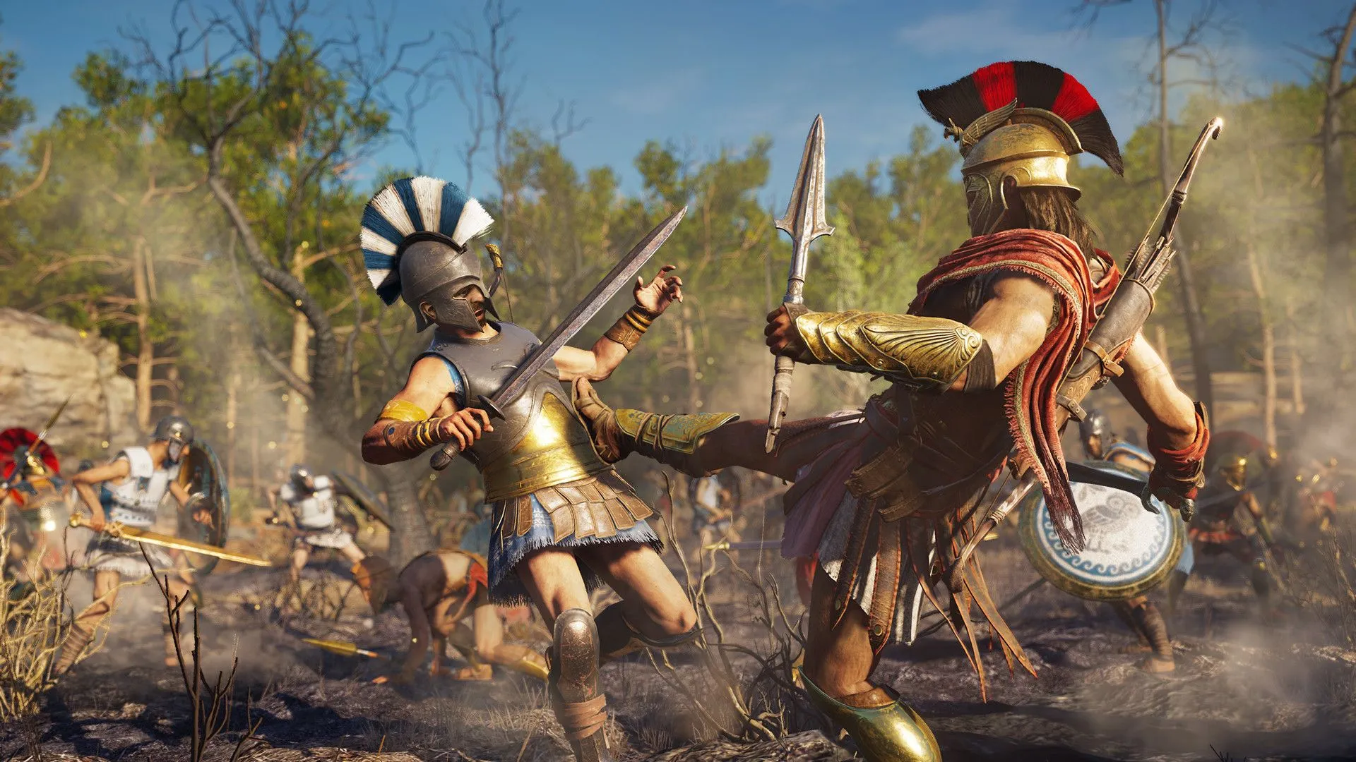 Alexios thực hiện cú đá Sparta nổi tiếng vào kẻ địch trong trận chiến ở Assassin's Creed Odyssey