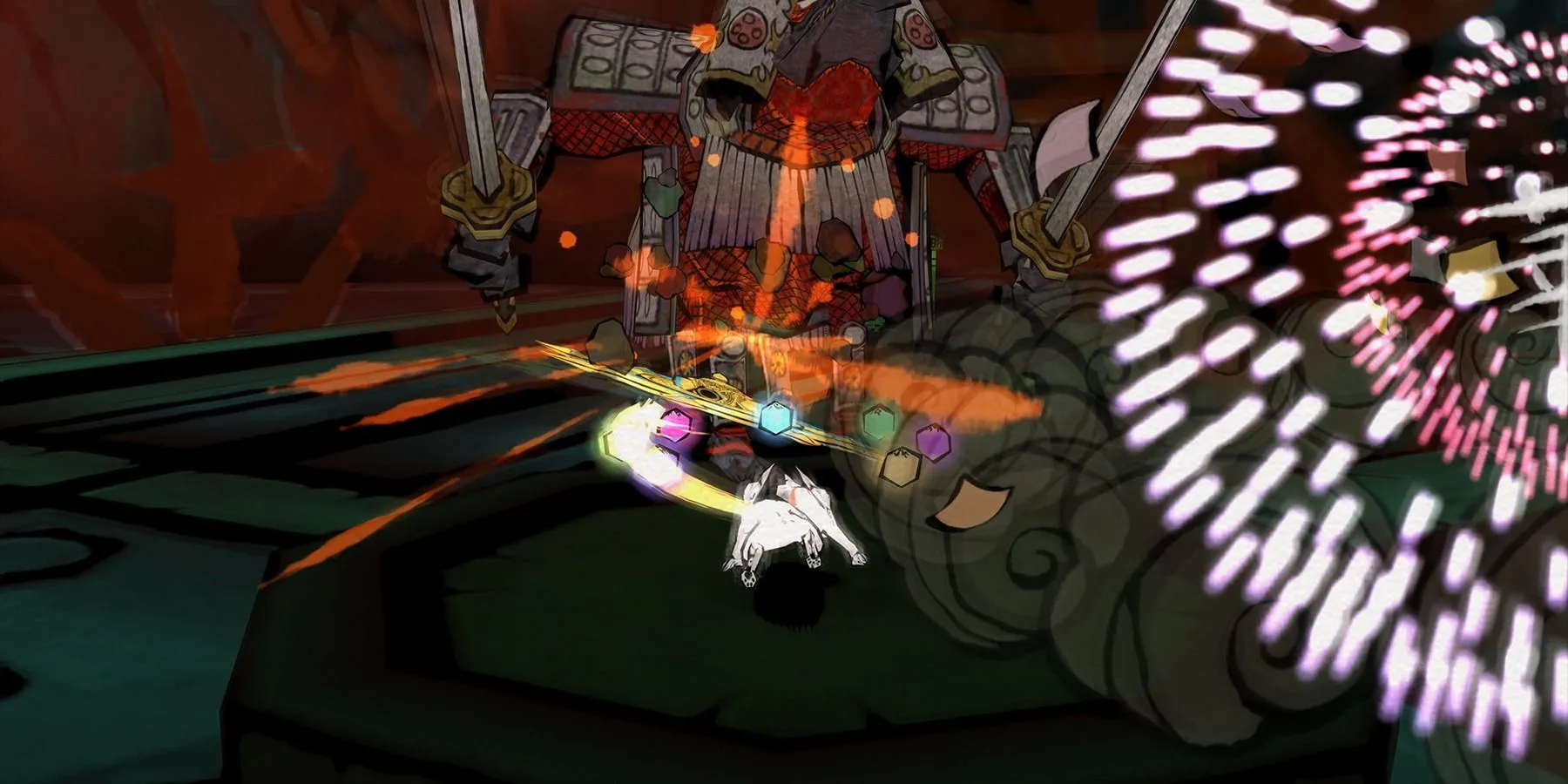 Amaterasu chiến đấu trong Okami với hiệu ứng mực