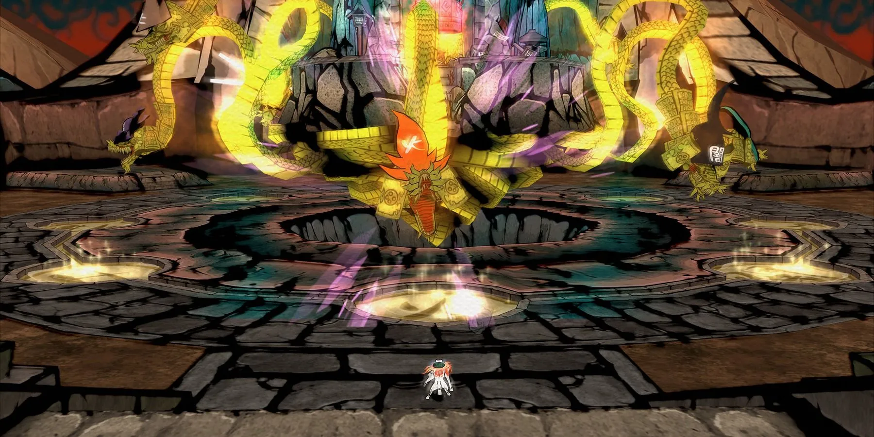Amaterasu đối đầu với trùm trong Okami, thể hiện phong cách đồ họa độc đáo