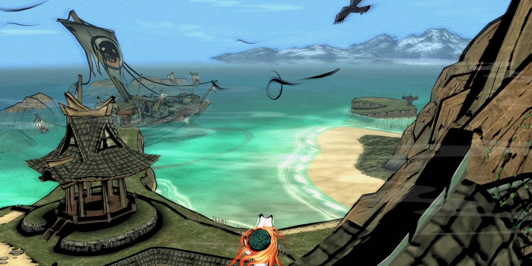 Amaterasu nhìn ra biển lớn trong một cảnh đẹp của Okami