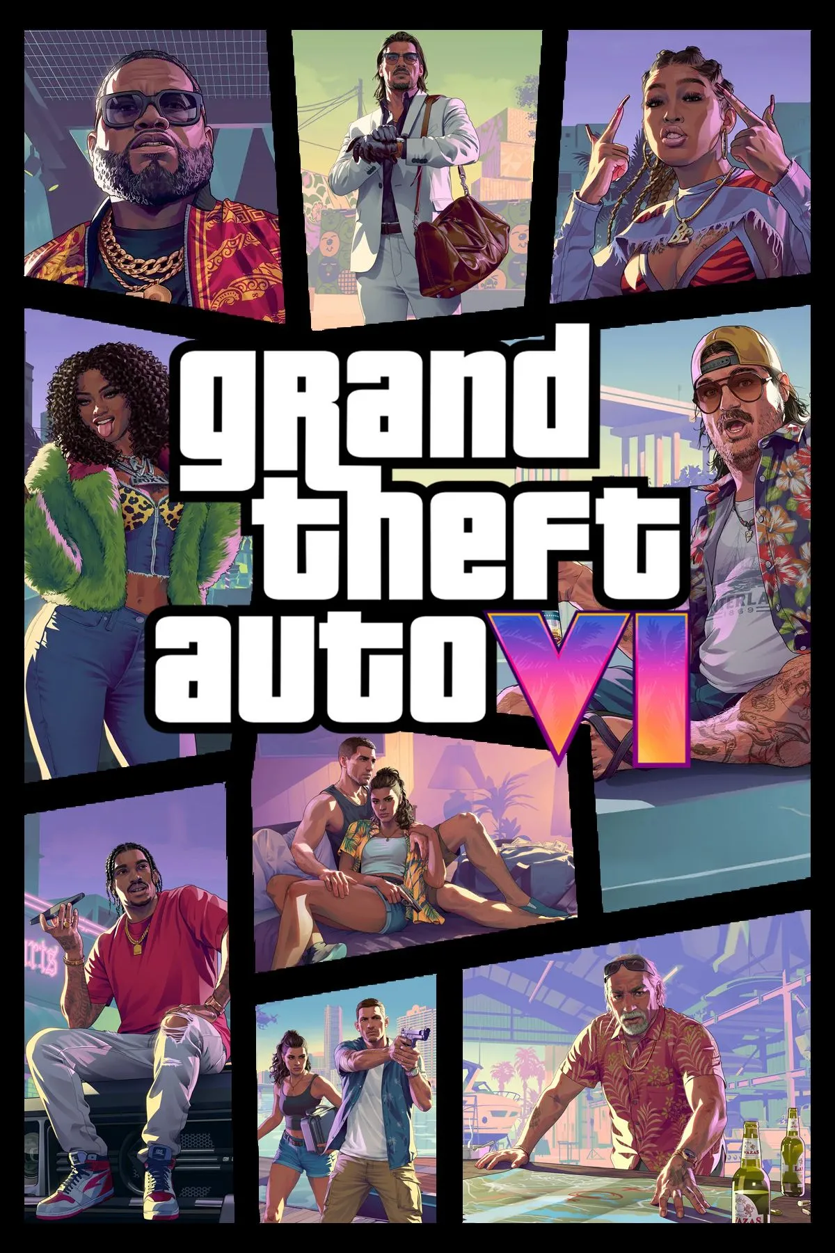 Ảnh bìa chính thức của GTA 6, với hai nhân vật chính và bối cảnh Vice City