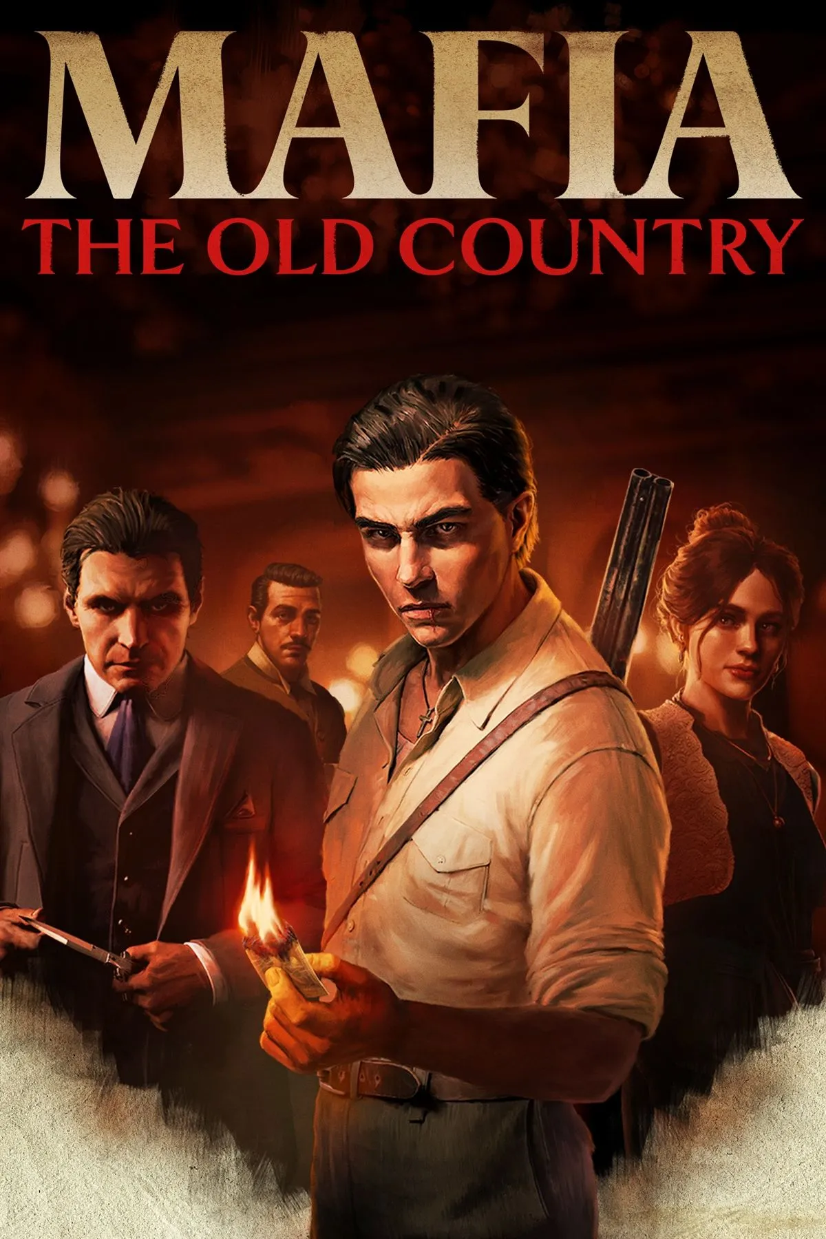 Ảnh bìa game Mafia: The Old Country với một nhân vật bí ẩn đội mũ đi qua con đường Ý cổ kính