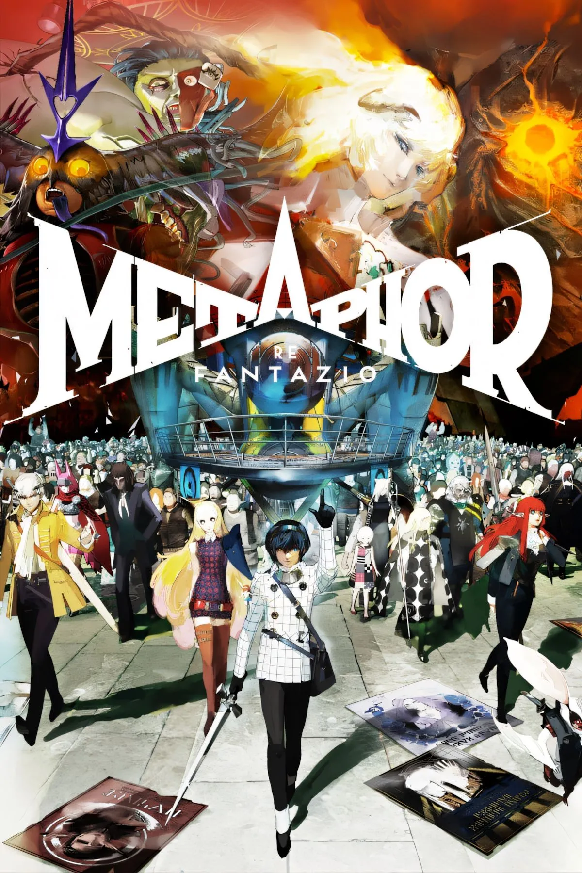 Ảnh bìa game Metaphor: ReFantazio với các nhân vật chính mang phong cách anime, sẵn sàng chiến đấu trong thế giới giả tưởng