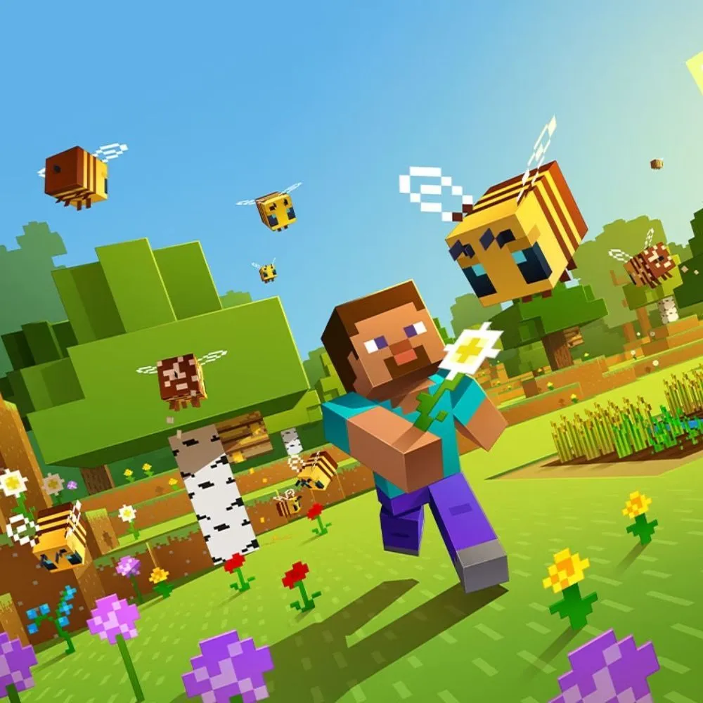 Ảnh bìa game Minecraft với các khối vuông và nhân vật