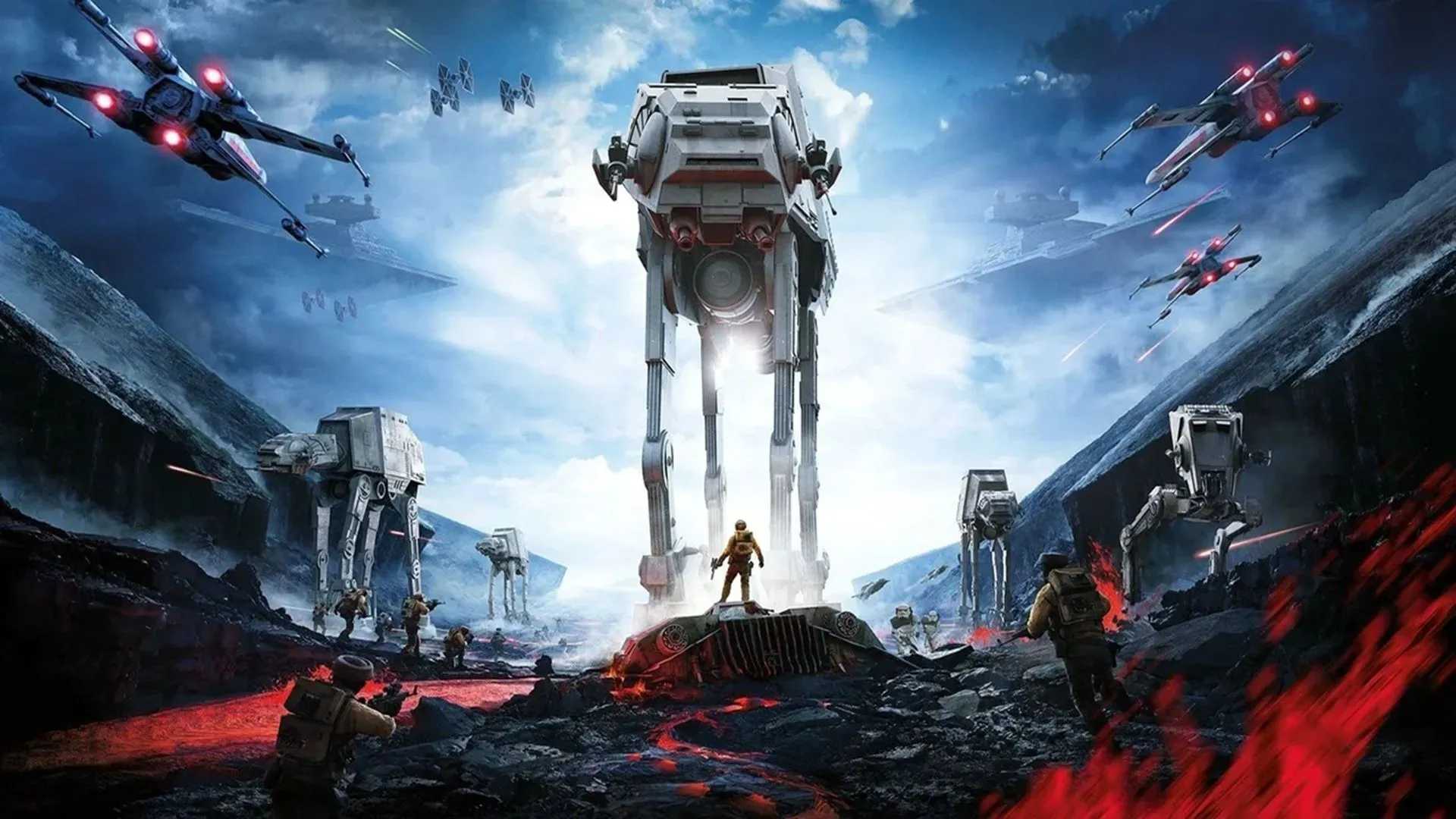 Ảnh bìa game Star Wars Battlefront (2015) của EA, hiển thị cảnh chiến đấu dữ dội giữa binh lính Rebel và Imperial